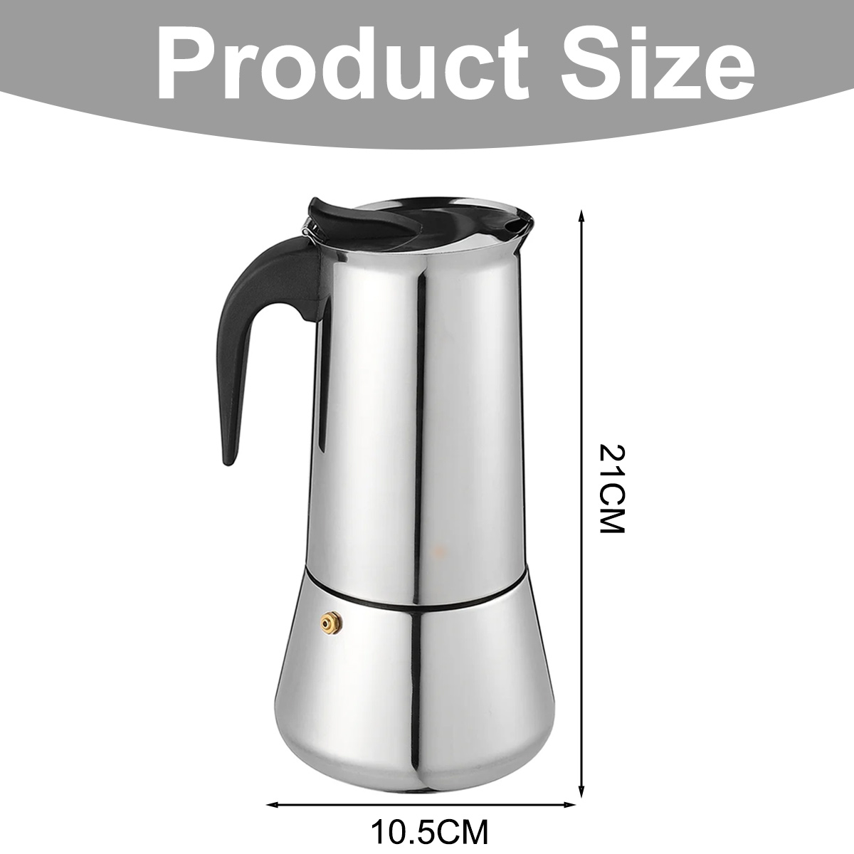 Ein Edelstahl-Kaffeebereiter mit schwarzem Griff. Abmessungen: 21 cm hoch, 10,5 cm breit. Text überlagert: 'Produktgröße'.