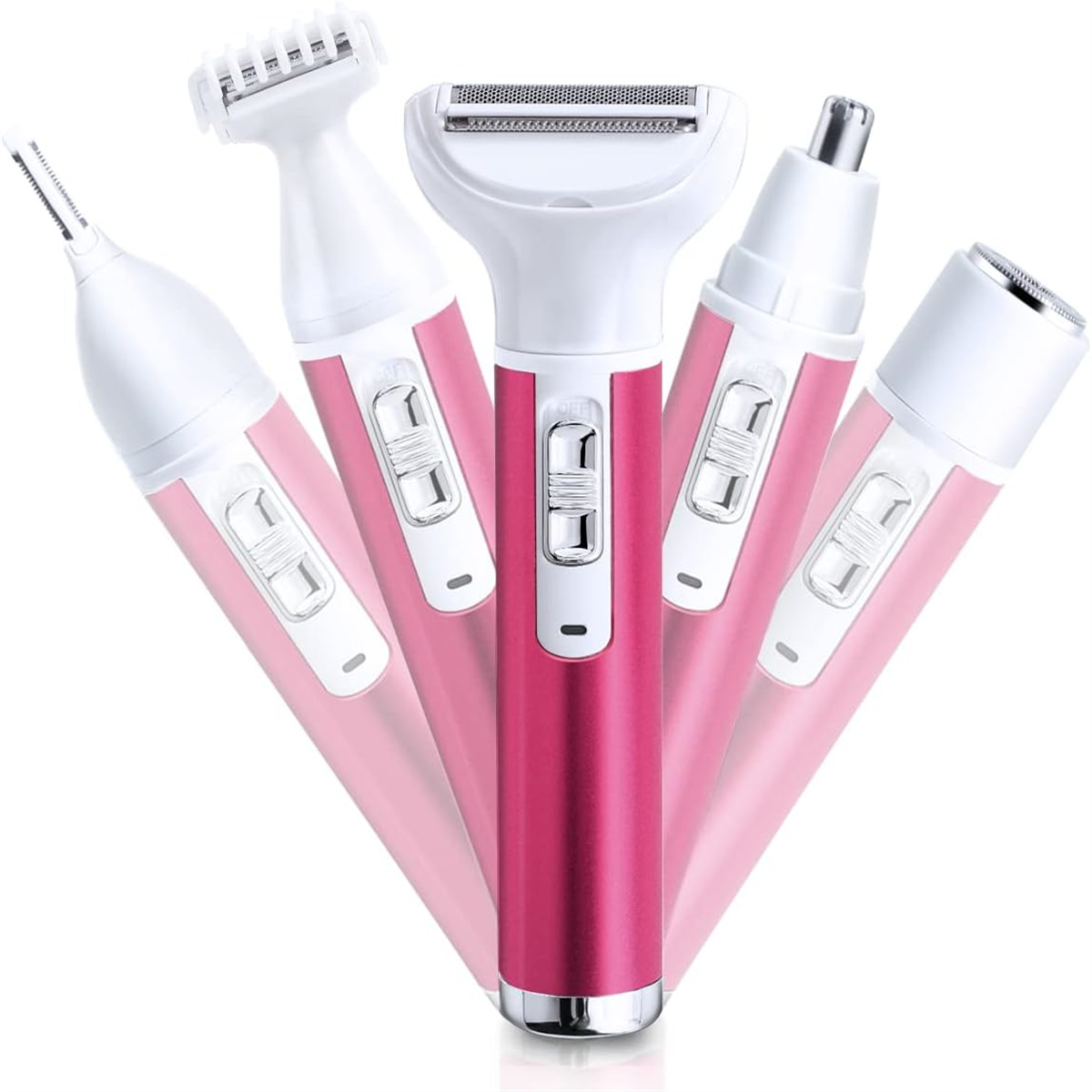 Elektrisches Pflege-Set in Pink und Weiß. Enthält mehrere Aufsätze für verschiedene Pflegebedürfnisse. Vor weißem Hintergrund.