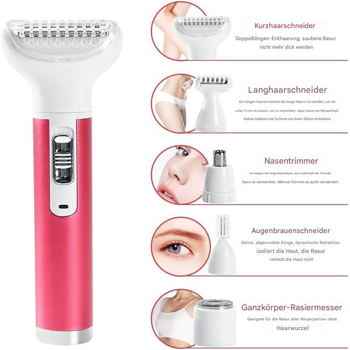 Ein rosa-weißer Elektrorasierer mit verschiedenen Aufsätzen für unterschiedliche Haarentfernungszwecke.