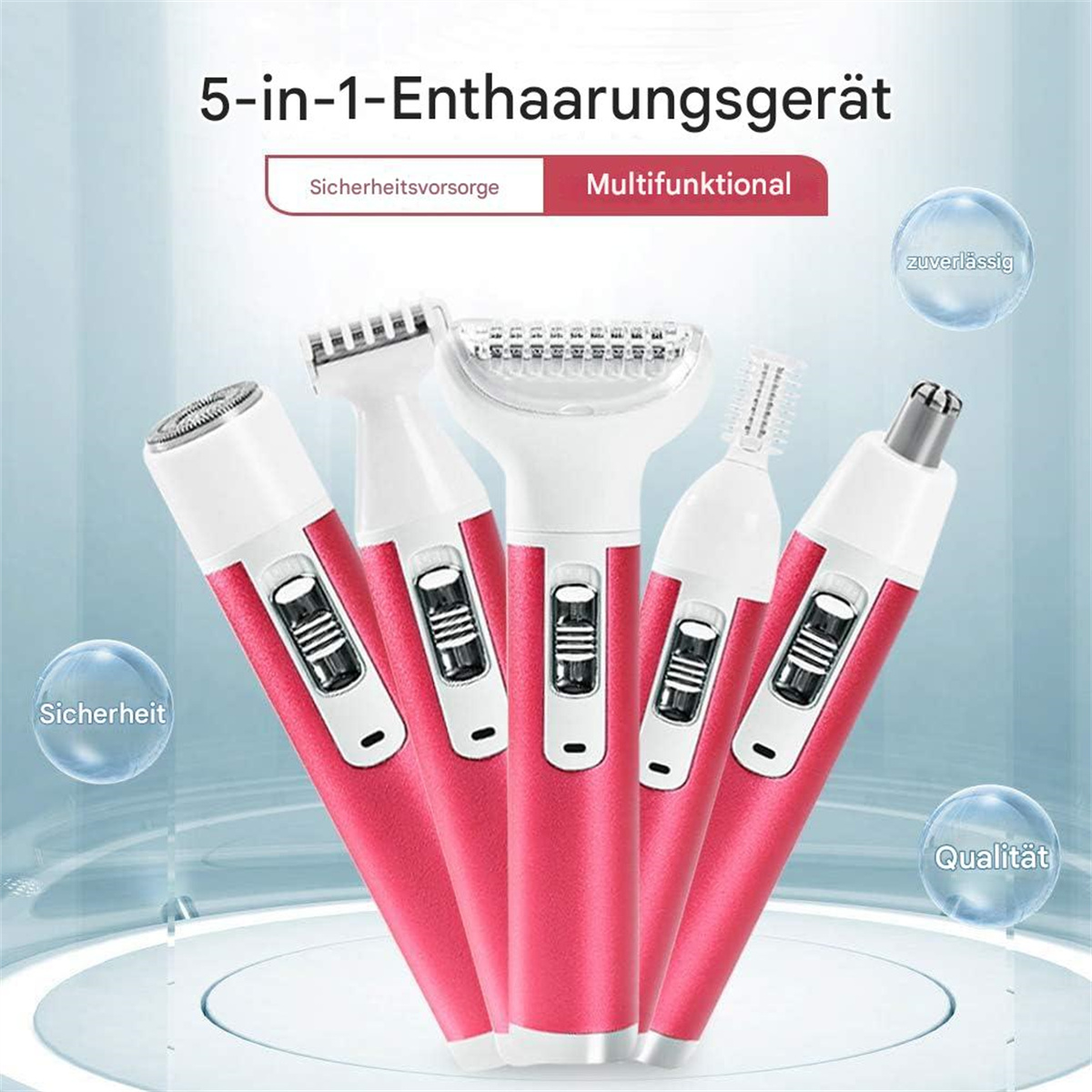 Fünf-in-Eins-Epilierer mit rosa und weißem Design. Enthält verschiedene Köpfe. Deutscher Text oben und zusätzliche Etiketten.