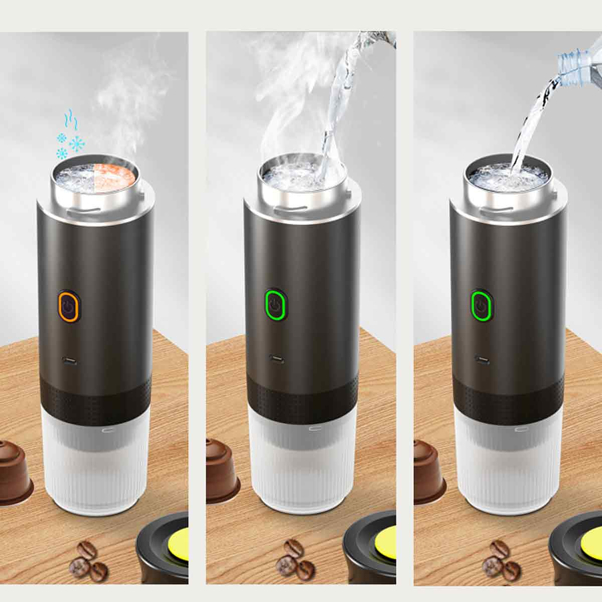 Kaffeemaschine in drei Phasen: Erhitzen, Wasserzugabe und Brühen. Kaffeepads und Bohnen sind ebenfalls auf dem Tisch zu sehen.
