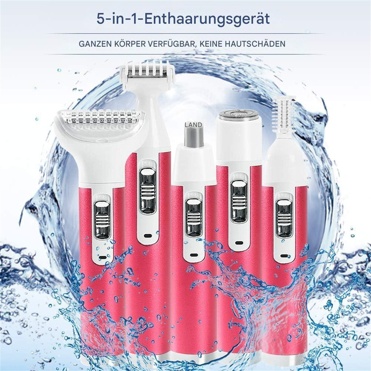 Fünf-in-Eins-Epiliergerät. Pinke und weiße Geräte mit verschiedenen Köpfen sind im Wasser platziert. Der Hintergrund zeigt Wasserspritzer.