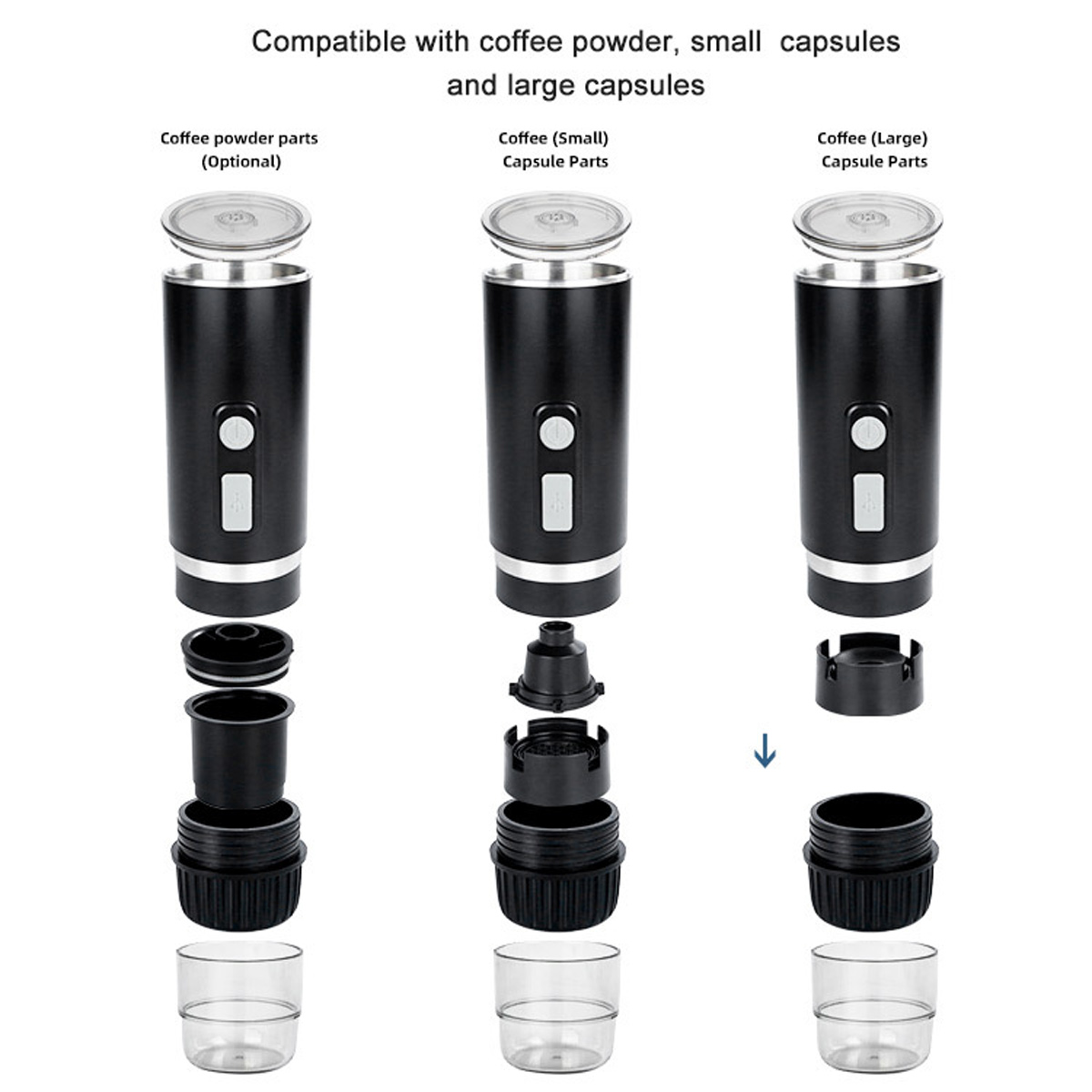Diagramm eines Kaffeezubereiters mit beschrifteten Teilen. Enthält Teile für Kaffeepulver, kleine Kapseln und große Kapseln.