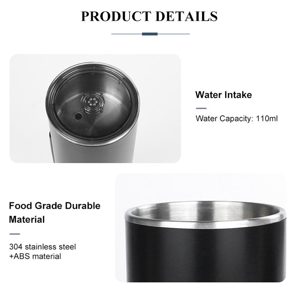 Produktdetails: eine schwarz-silberne Wasserflasche. Text enthält Material, Wasseraufnahme und Fassungsvermögen.
