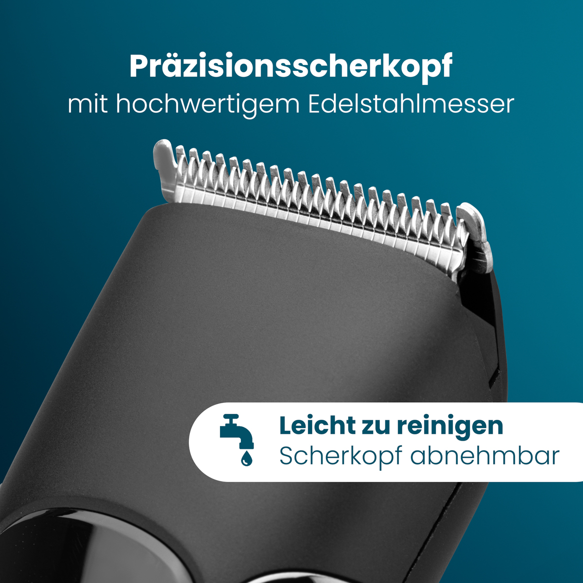 Nahaufnahme eines schwarzen Elektrorasiererkopfes mit silbernen Klingen. Text erwähnt Präzision und einfache Reinigung.