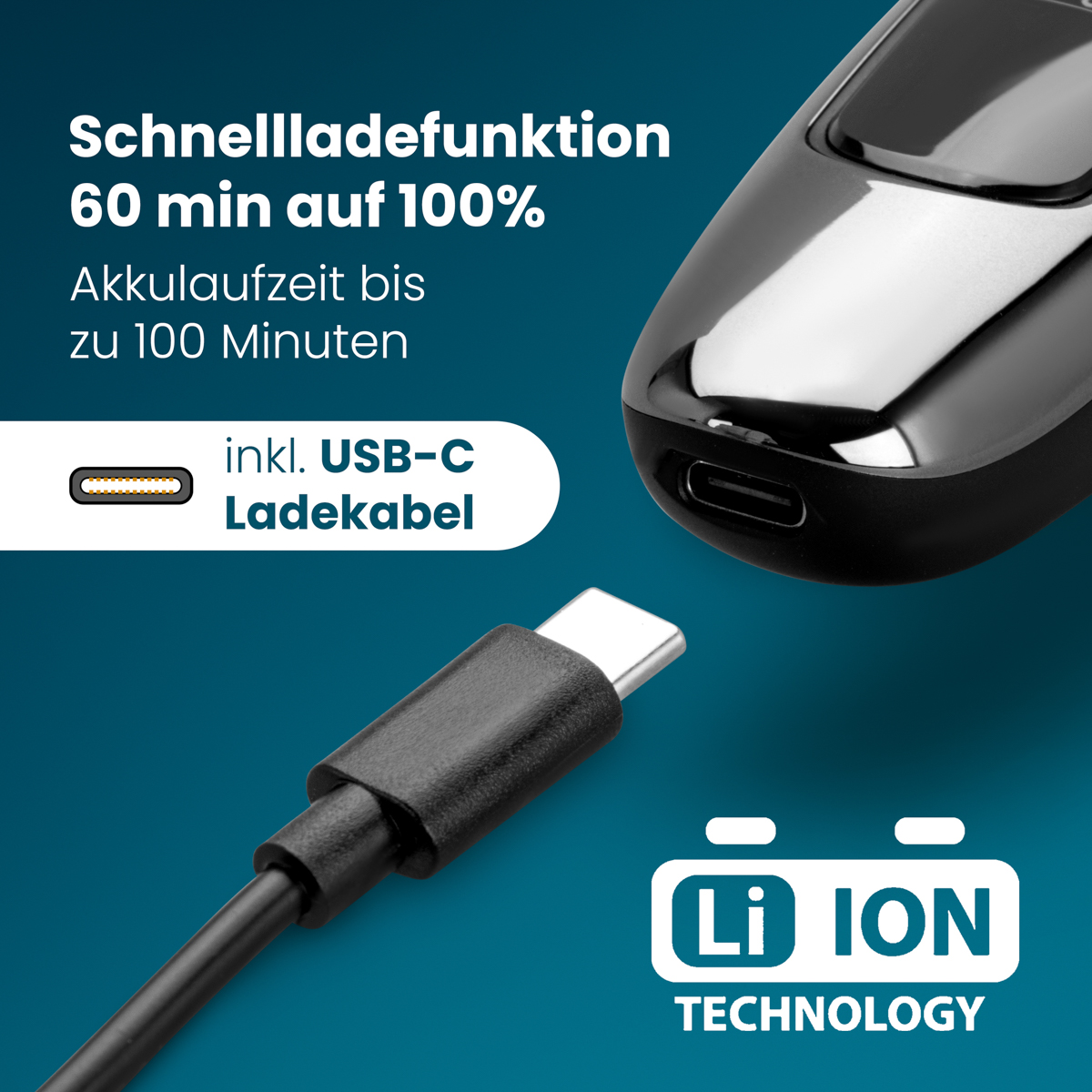 Ein schwarzes Gerät und ein USB-C-Kabel vor blauem Hintergrund mit Text über Ladegeschwindigkeit und Akkulaufzeit.