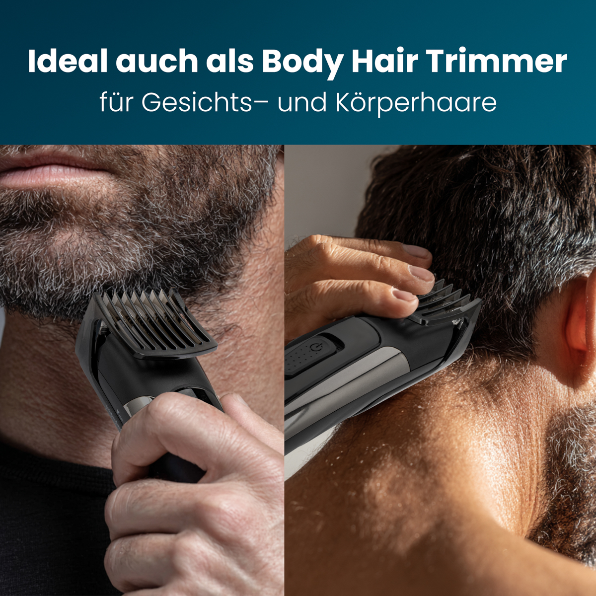 Mann benutzt schwarzen Trimmer an Bart und Hals. Der Trimmer schneidet Haare. Text oben: 'Body Hair Trimmer'.