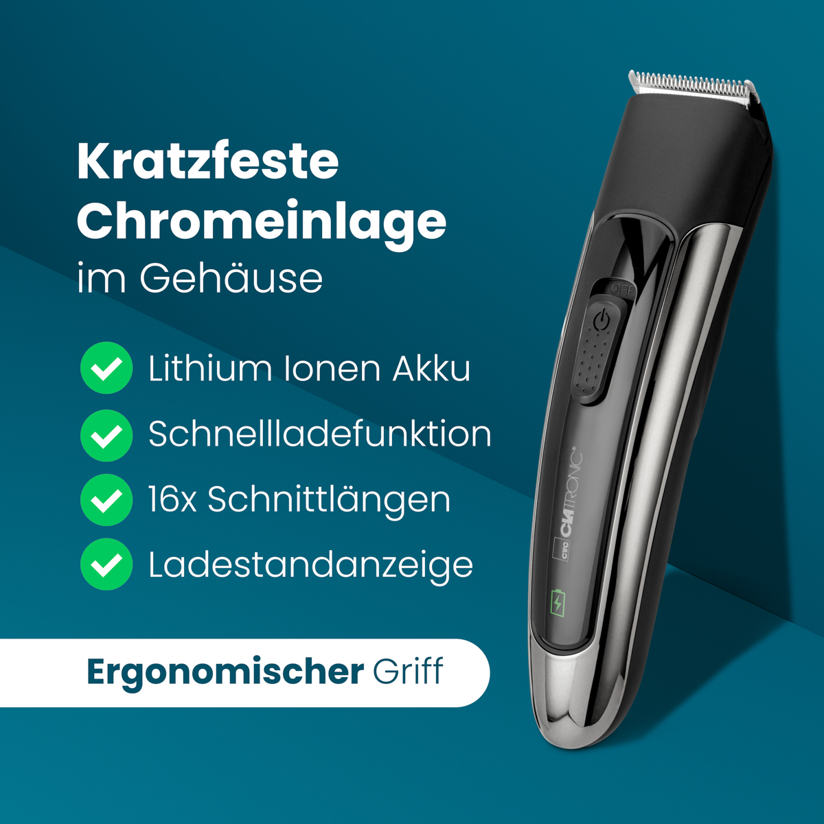 Ein schwarz-silberner Trimmer mit deutschem Text. Merkmale sind Lithium-Akku, Schnellladung und ergonomischer Griff.