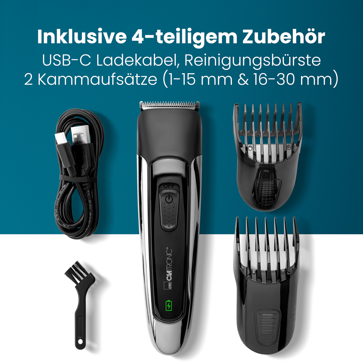 Ein schwarzer Haarschneider mit Zubehör: USB-C-Kabel, Reinigungsbürste und zwei Kammaufsätze. Hintergrund ist blau und weiß.