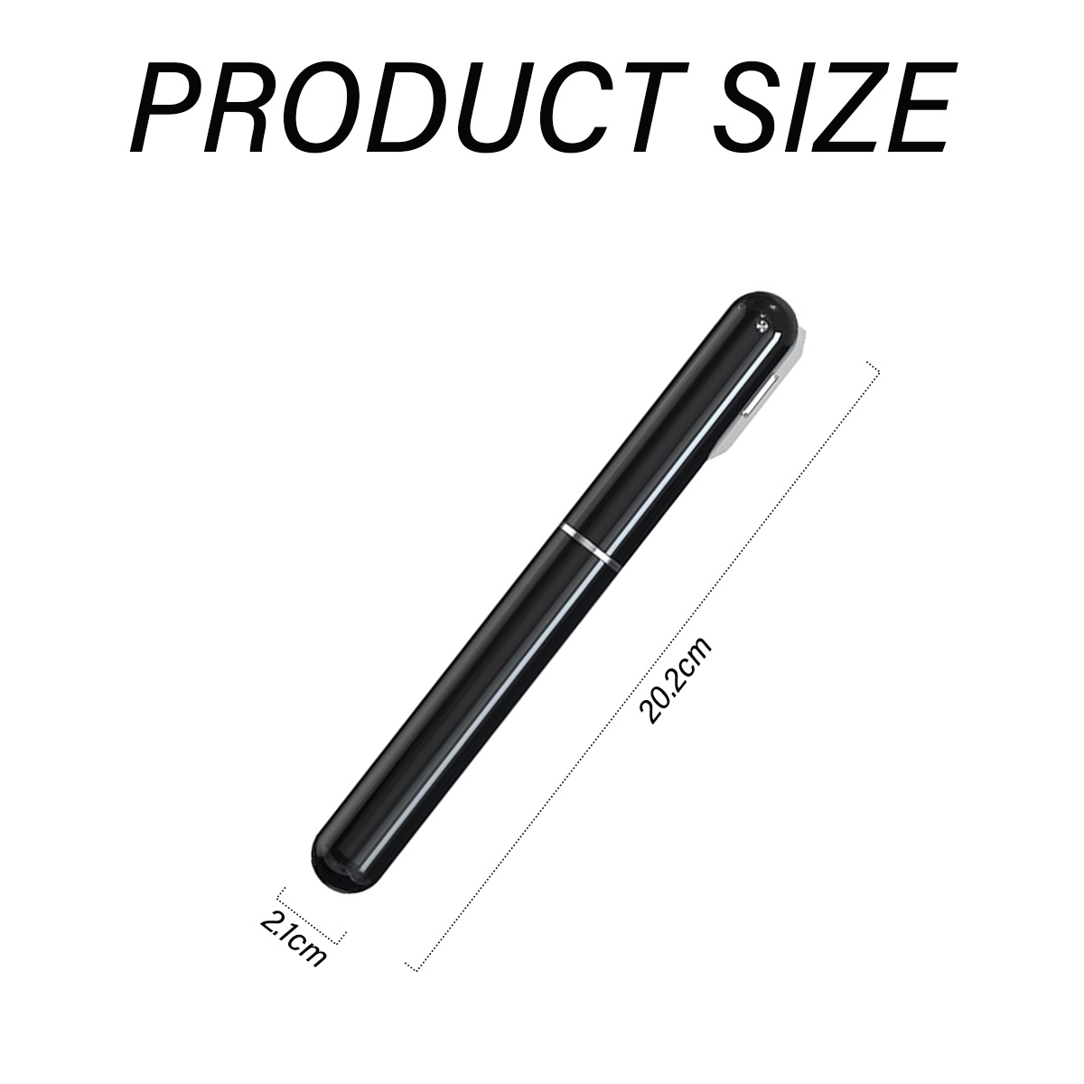 Das Bild zeigt eine Produktgrößenbeschreibung. Ein schwarzes stiftähnliches Objekt misst 20,2 cm Länge und 2,1 cm Breite.