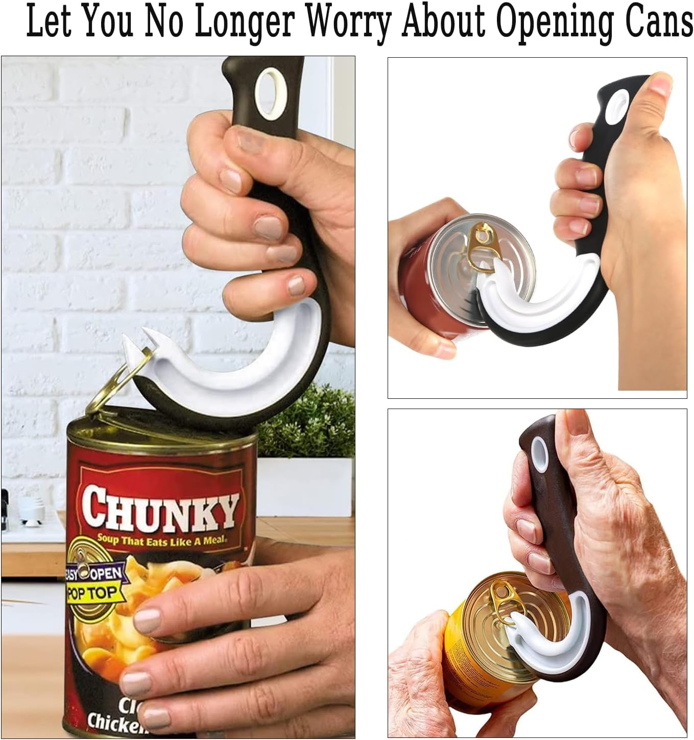 Das Bild zeigt einen Dosenöffner im Einsatz. Eine Hand hält den Öffner, um eine Suppendose zu öffnen. Verschiedene Aufnahmen zeigen die Verwendung des Öffners.