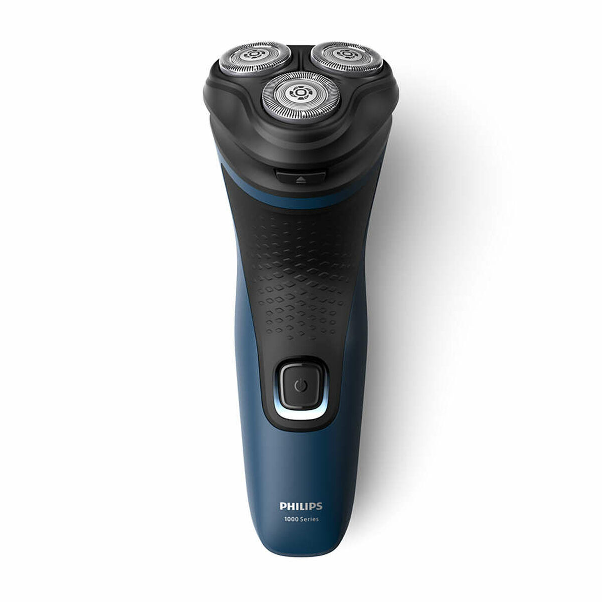 Ein elektrischer Rasierer der Philips 1000er Serie. Er hat drei Rotationsköpfe oben und einen blauen Griff mit Ein-/Aus-Taste.