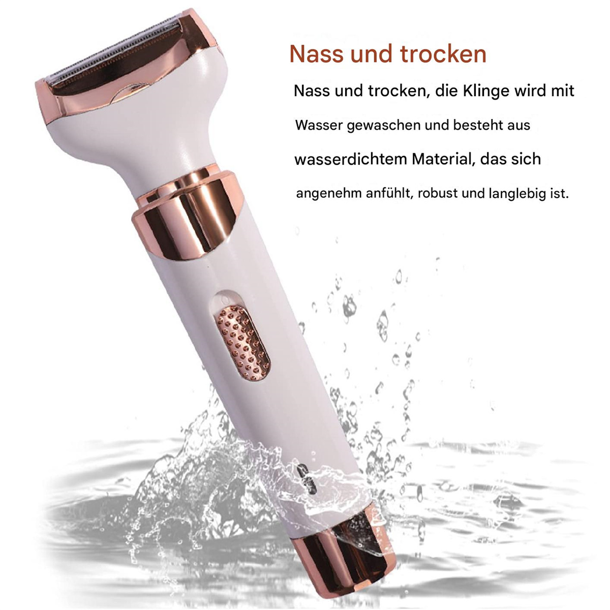 Ein weißer und goldener Elektrorasierer mit spritzendem Wasser. Der Text besagt, dass er wasserdicht ist.