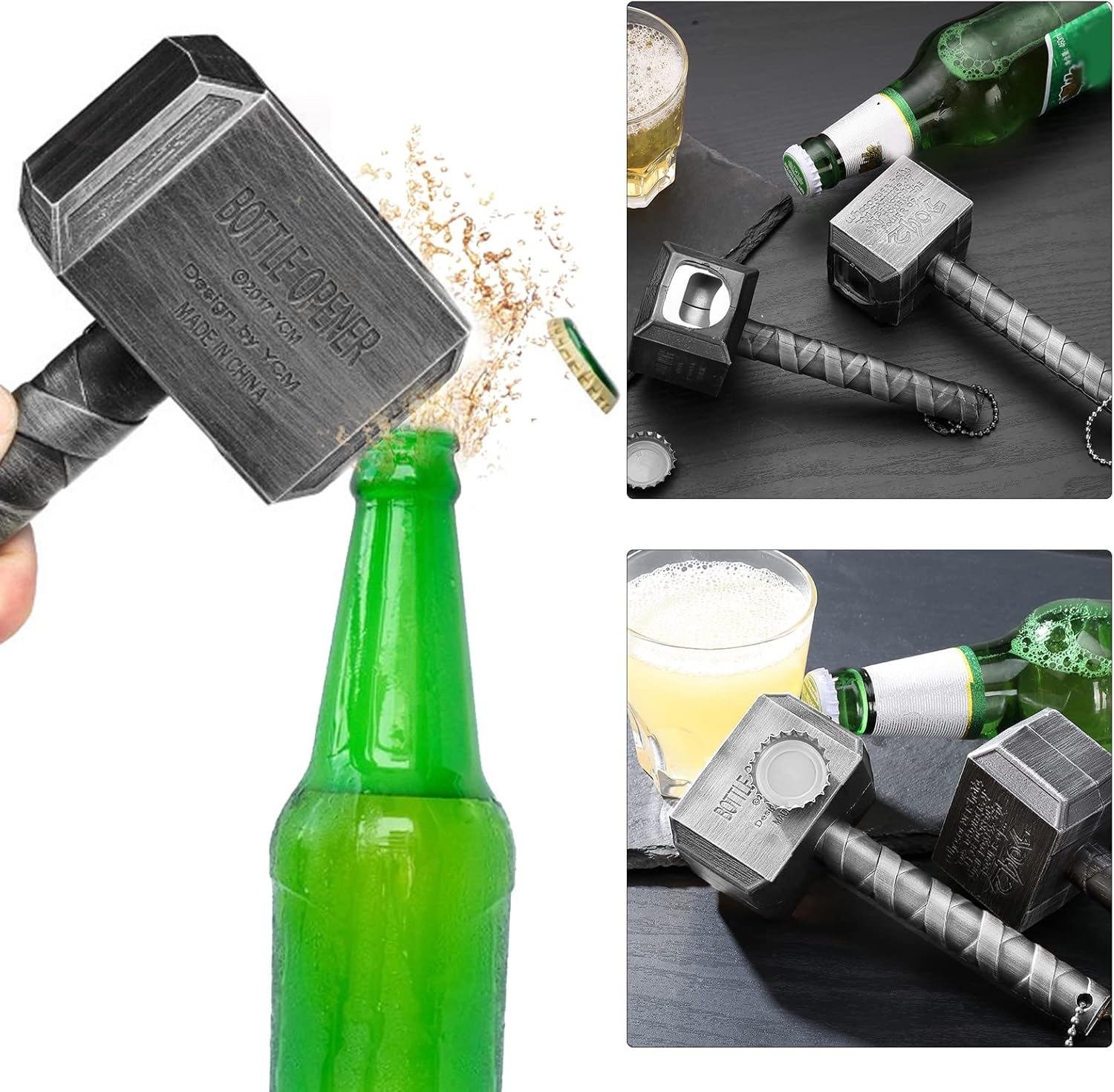 Ein Flaschenöffner in Form von Thors Hammer öffnet eine grüne Bierflasche. Weitere Bilder zeigen Hammer und Bierflaschen.
