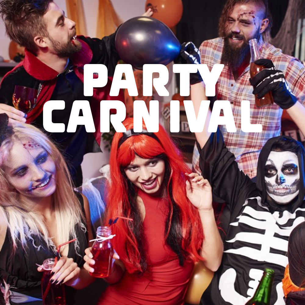 Menschen in Kostümen auf einer Party. Ein Vampir, ein Skelett und andere halten Getränke. Das Wort 'PARTY CARNIVAL' ist geschrieben.
