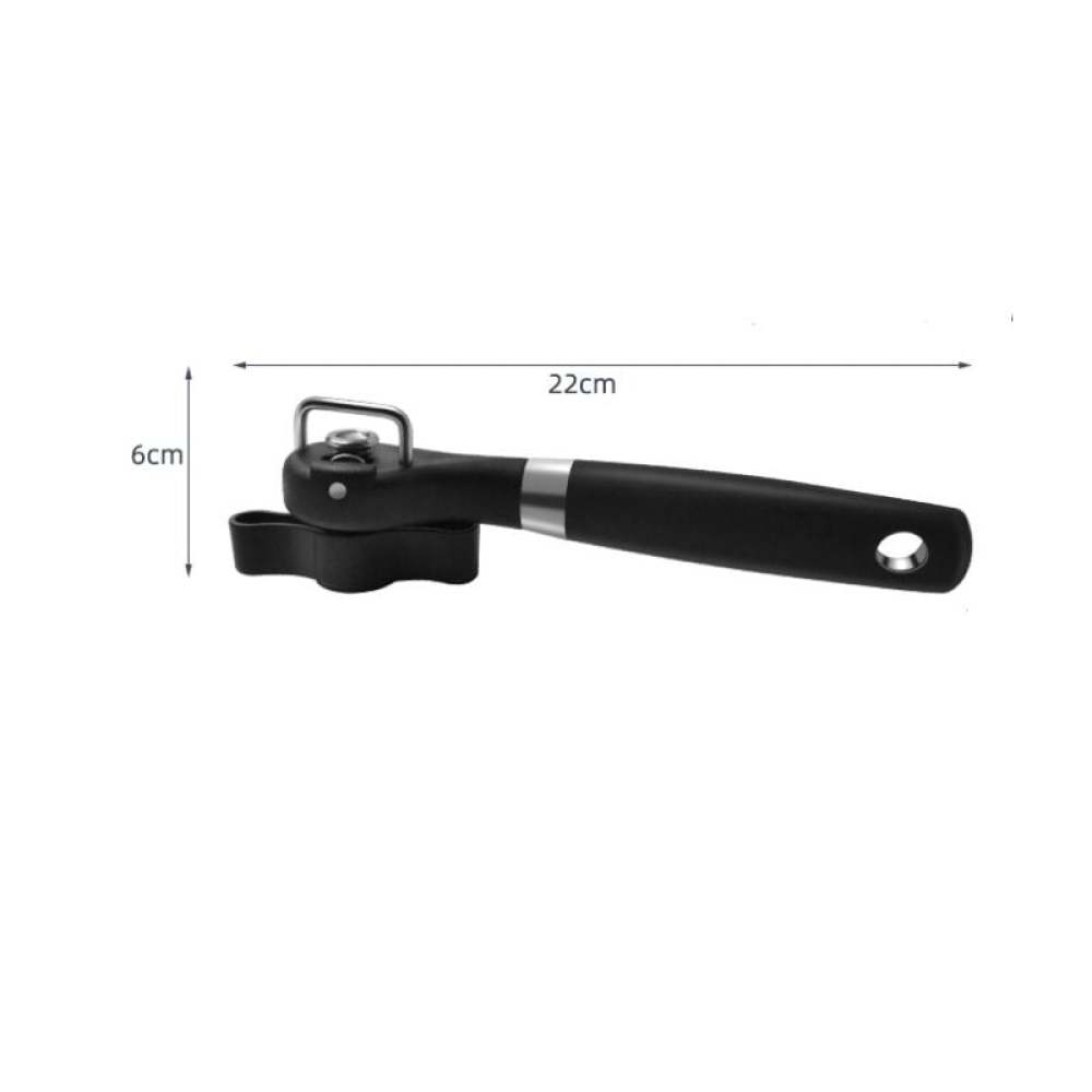Ein Dosenöffner ist auf weißem Hintergrund abgebildet. Er ist schwarz mit einem silbernen Griff. Die Maße sind 22 cm lang und 6 cm breit.