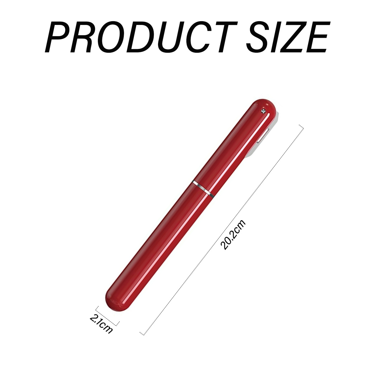 Ein roter Stift mit Größenangabe. Der Stift ist 20,2 cm lang und 2,1 cm breit, mit dem Wort PRODUKTGRÖSSE oben.