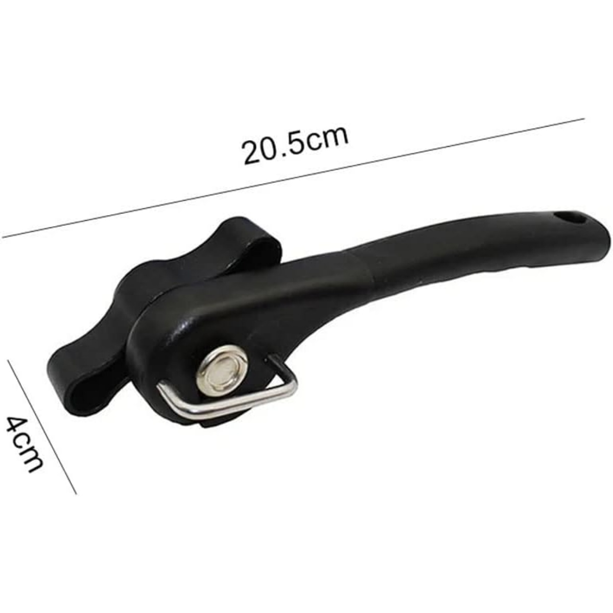 Schwarzer Dosenöffner mit silbernem Schneidrad und Griff. Maße: 20,5 cm lang, 4 cm breit. Weißer Hintergrund.