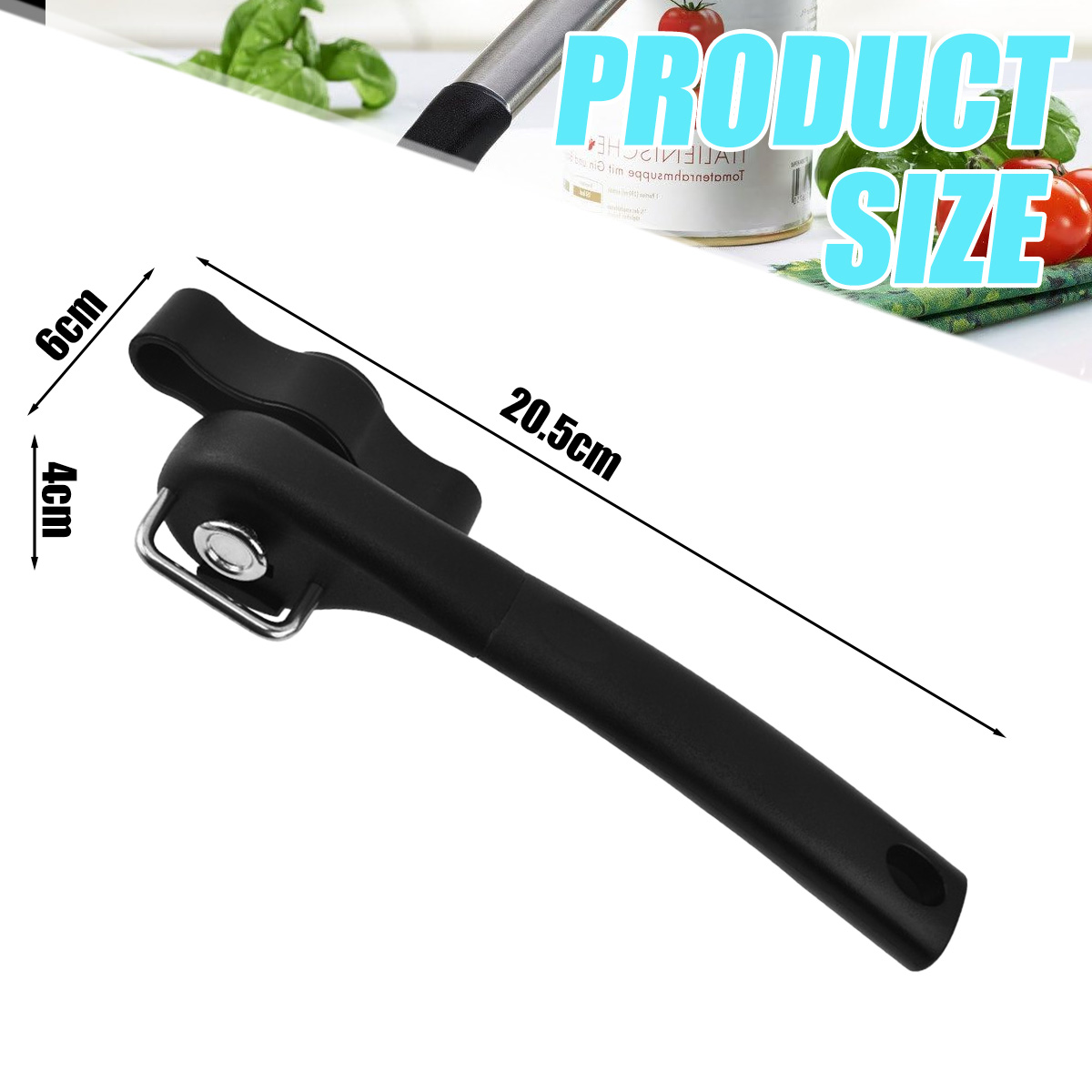 Ein schwarzer Dosenöffner mit den Maßen 20,5 cm lang, 6 cm hoch und 4 cm breit. Der Text 'PRODUCT SIZE' ist vorhanden, zusammen mit Tomaten und Basilikum.