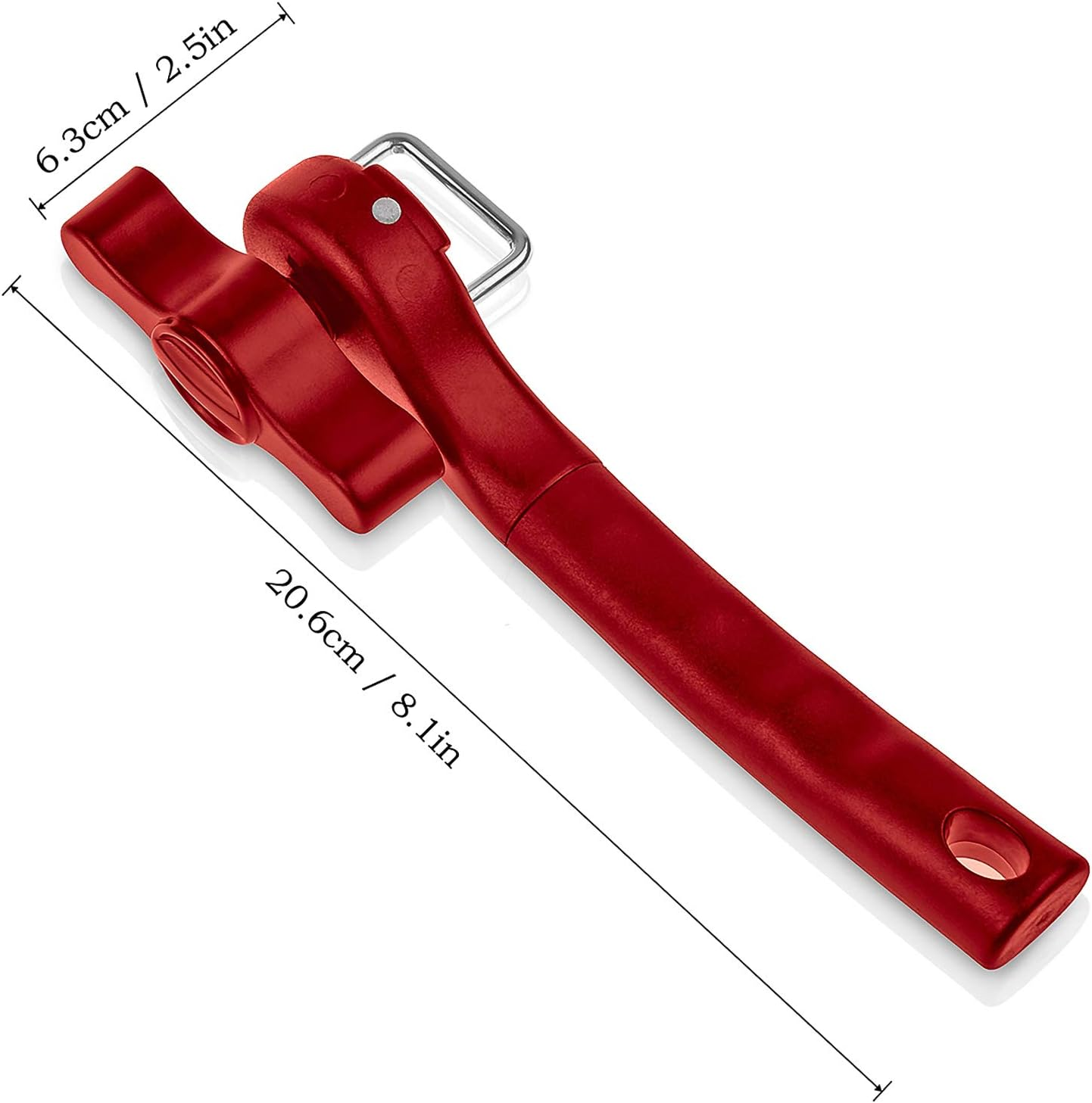 Ein roter Dosenöffner mit Maßen. Der Öffner hat einen Griff und einen Drehmechanismus. Er befindet sich auf weißem Hintergrund.
