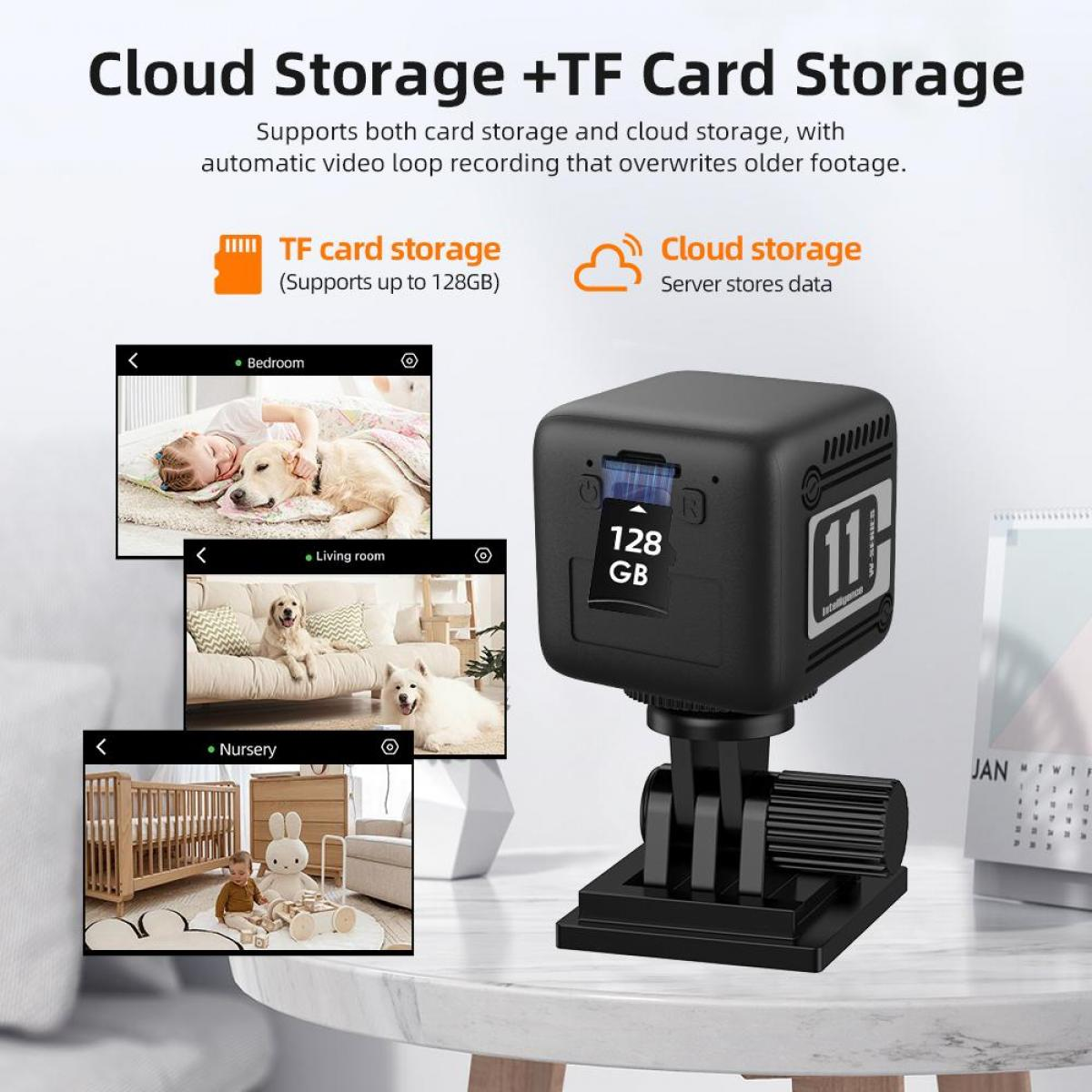 Eine schwarze Überwachungskamera mit 128 GB Kapazität, auf einem Ständer montiert, mit drei kleinen Raumvorschauen und Text über Cloud-Speicher.