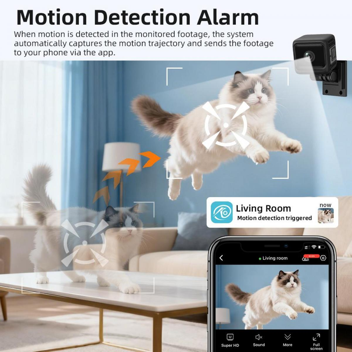 Eine Katze springt auf einen Tisch, mit einem Telefon, das die Live-Ansicht zeigt. Eine Überwachungskamera ist an der Wand montiert. Text sagt Bewegung erkannt.