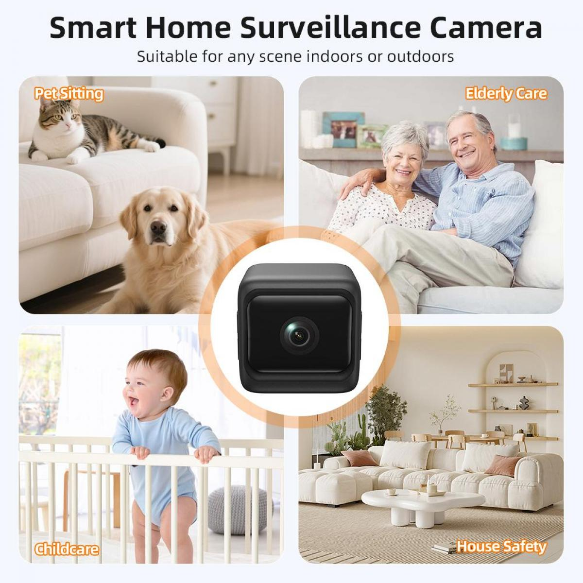 Das Bild zeigt eine Smart-Home-Überwachungskamera mit Szenen: Haustiersitting, Seniorenbetreuung, Kinderbetreuung und Haussicherheit.