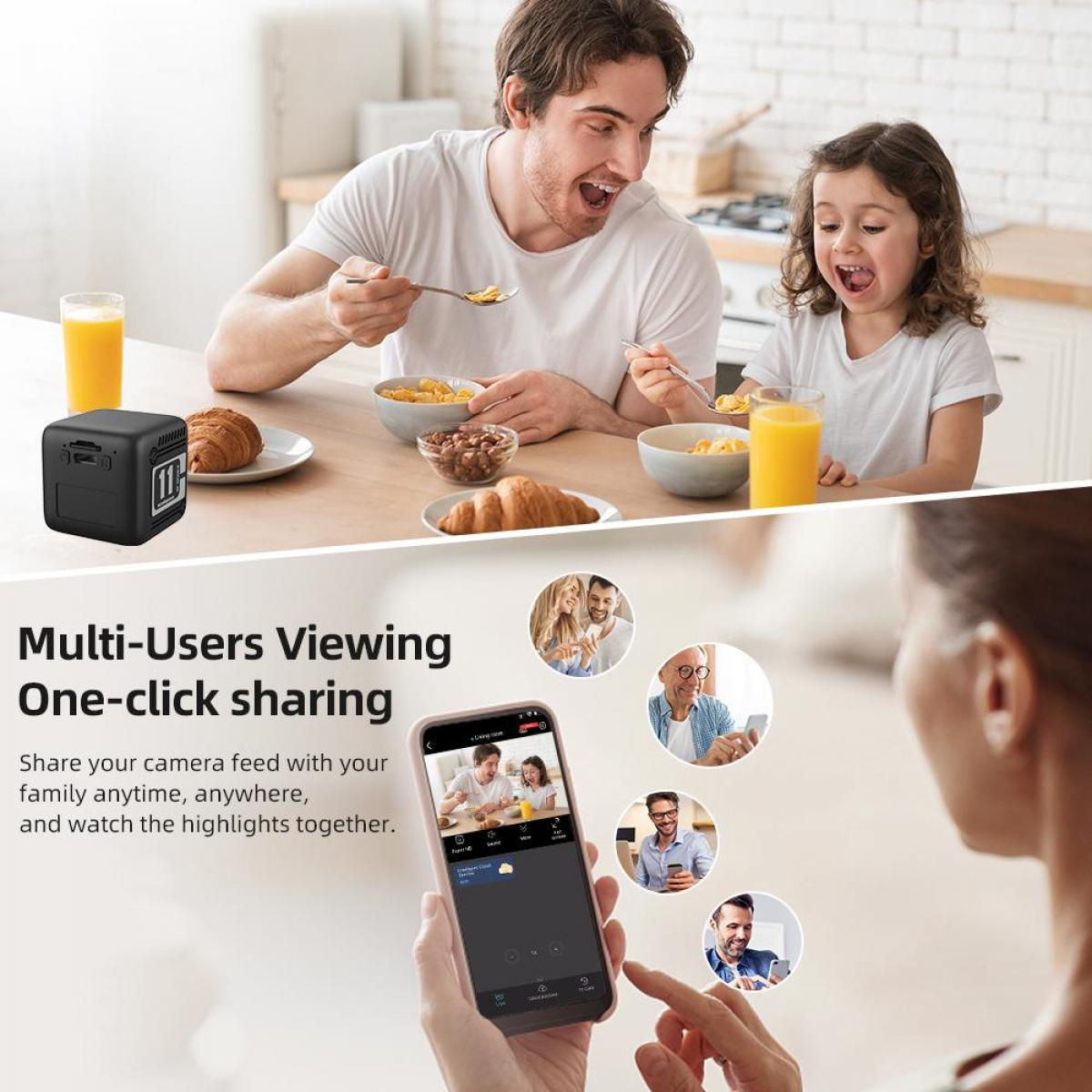 Eine Familie frühstückt. Ein schwarzer Würfel steht auf der Theke. Eine Frau hält ein Telefon, das einen Familien-Feed anzeigt.