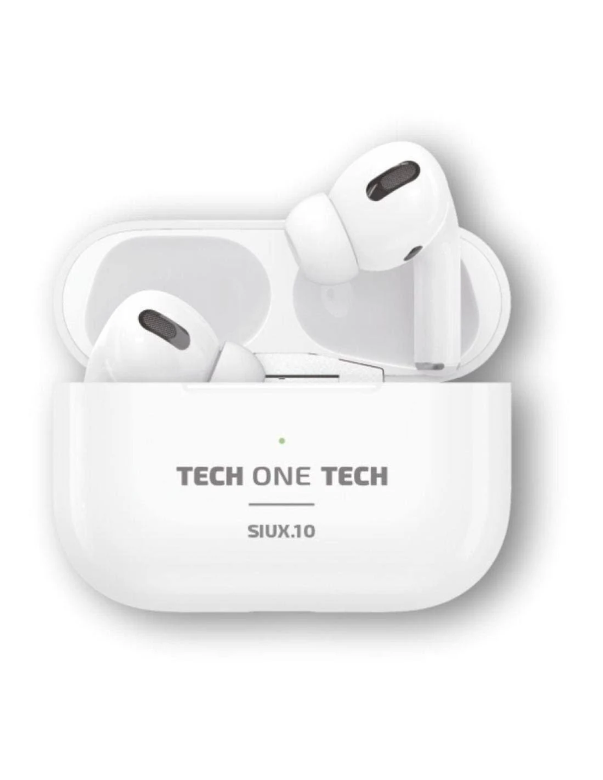 Auricolari bianchi in una custodia bianca. La custodia dice 'TECH ONE TECH' e 'SIUX.10'.
