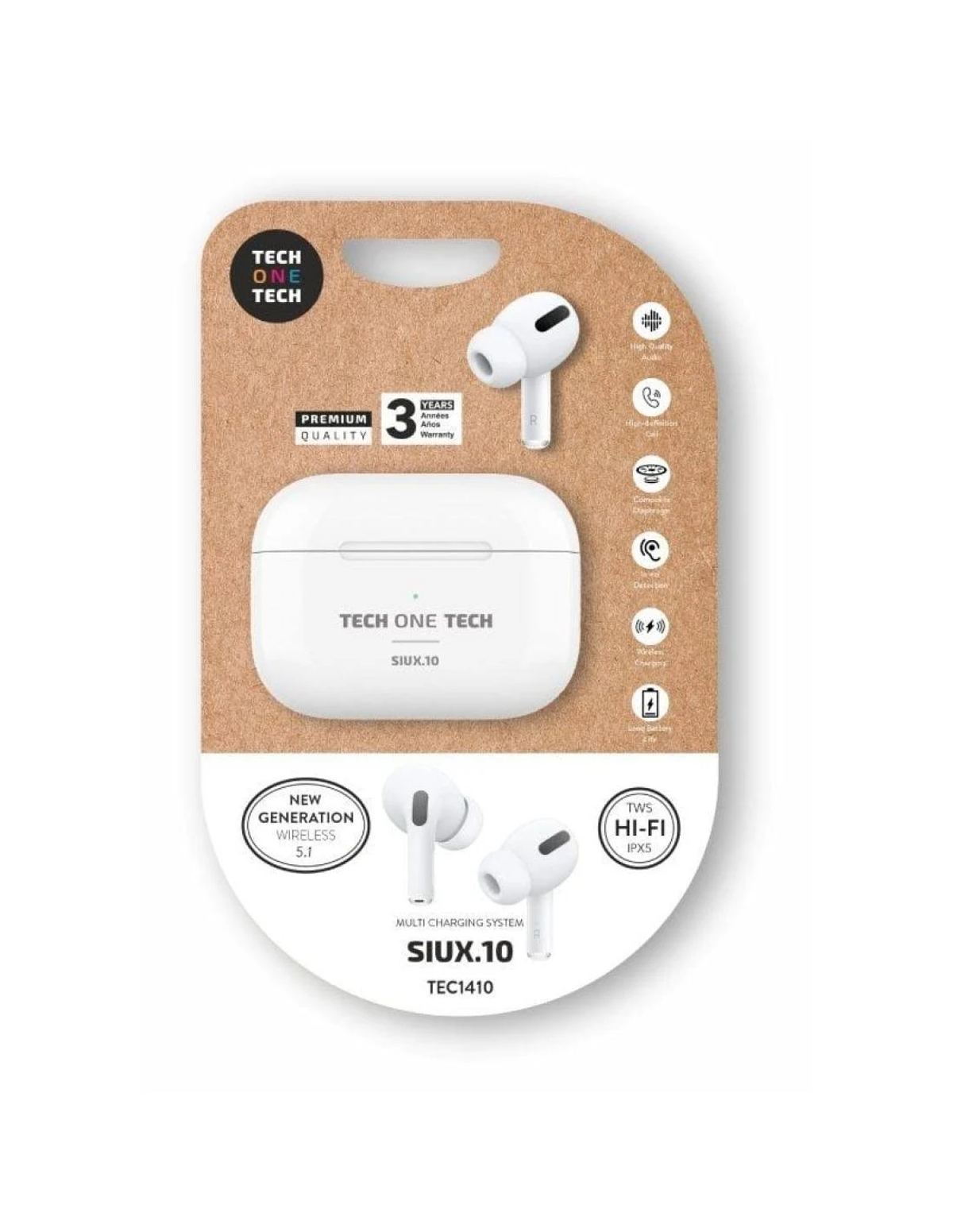 Auricolari bianchi e custodia di ricarica su cartone. Il testo include 'TECH ONE TECH', 'SIUX.10' e 'HI-FI'.