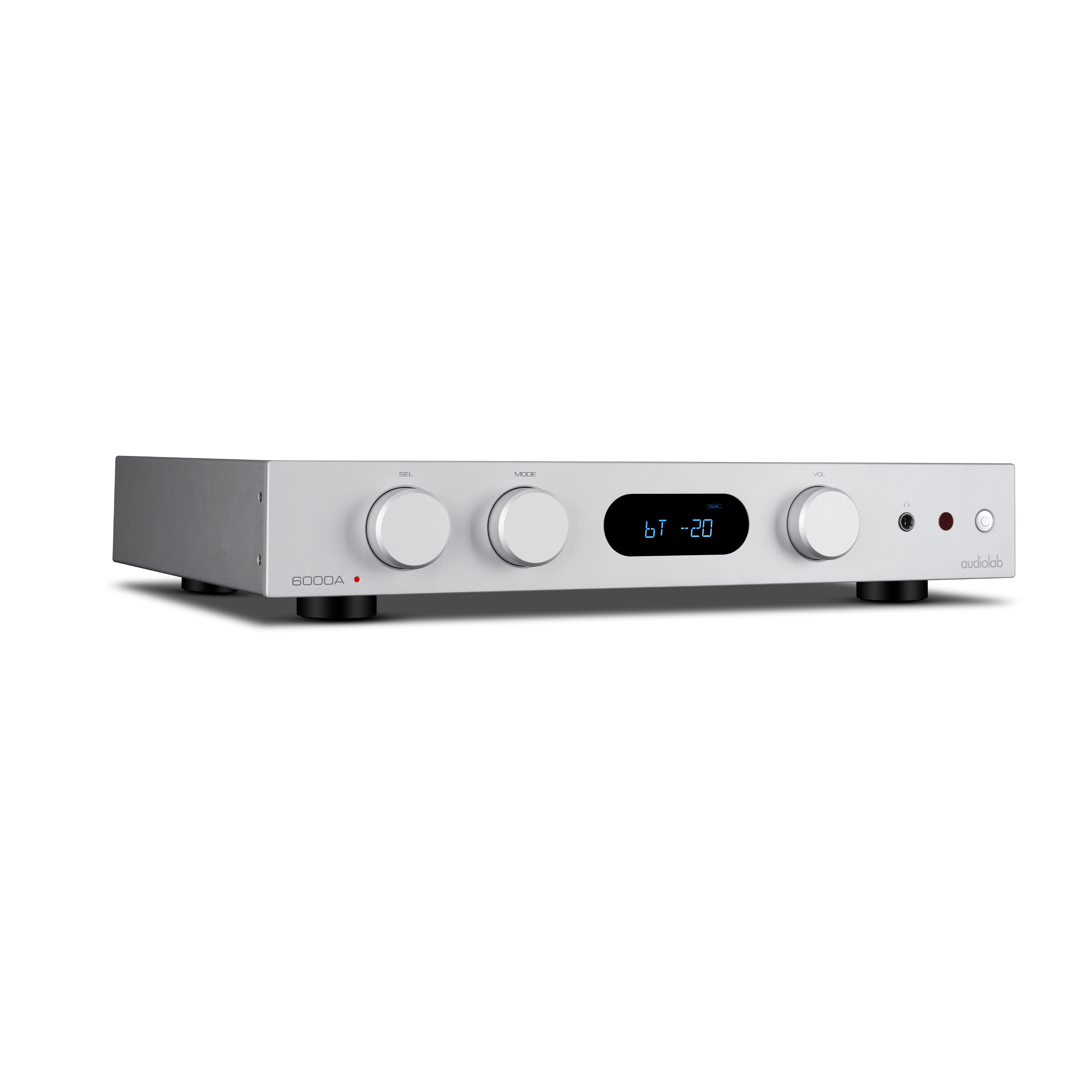 A silver audio amplifier with knobs, a display showing BT -20, and the audiolab logo on a white background.