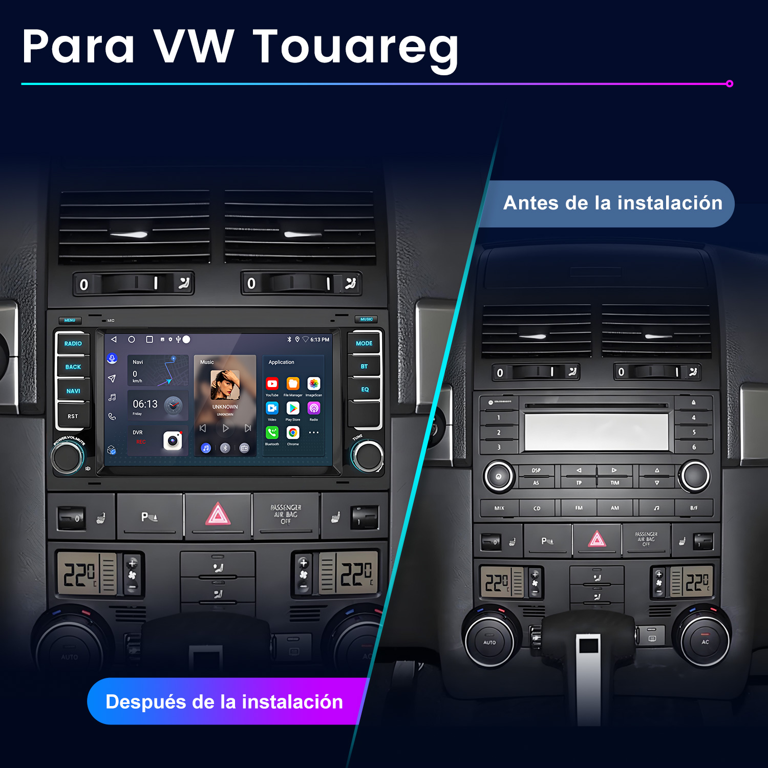 Comparación del salpicadero del coche: Antes y después de la instalación. El lado izquierdo muestra una pantalla moderna, el derecho el original.