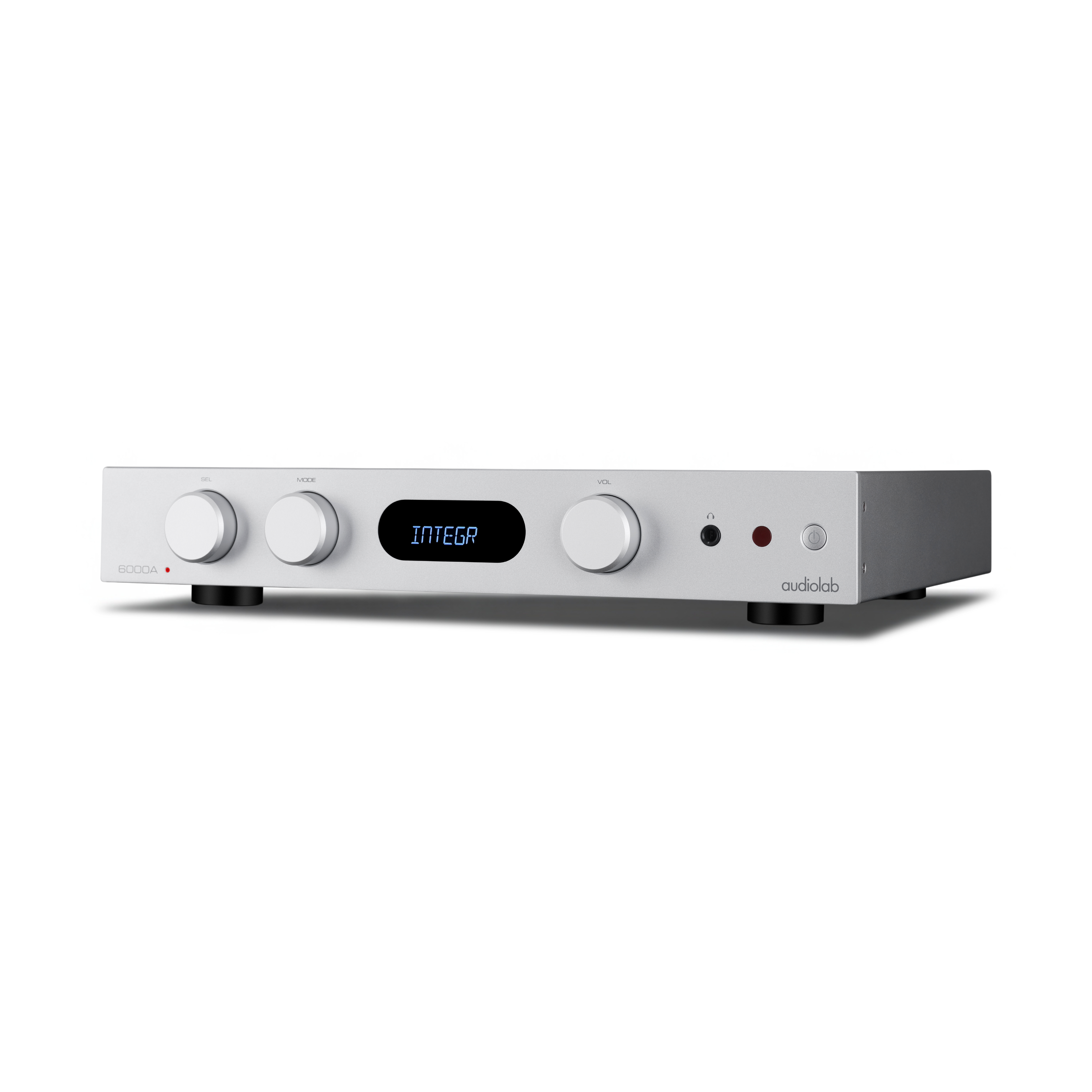 A silver Audiolab 6000A amplifier. It has knobs, a display showing 'INTEGRA', and a headphone jack.