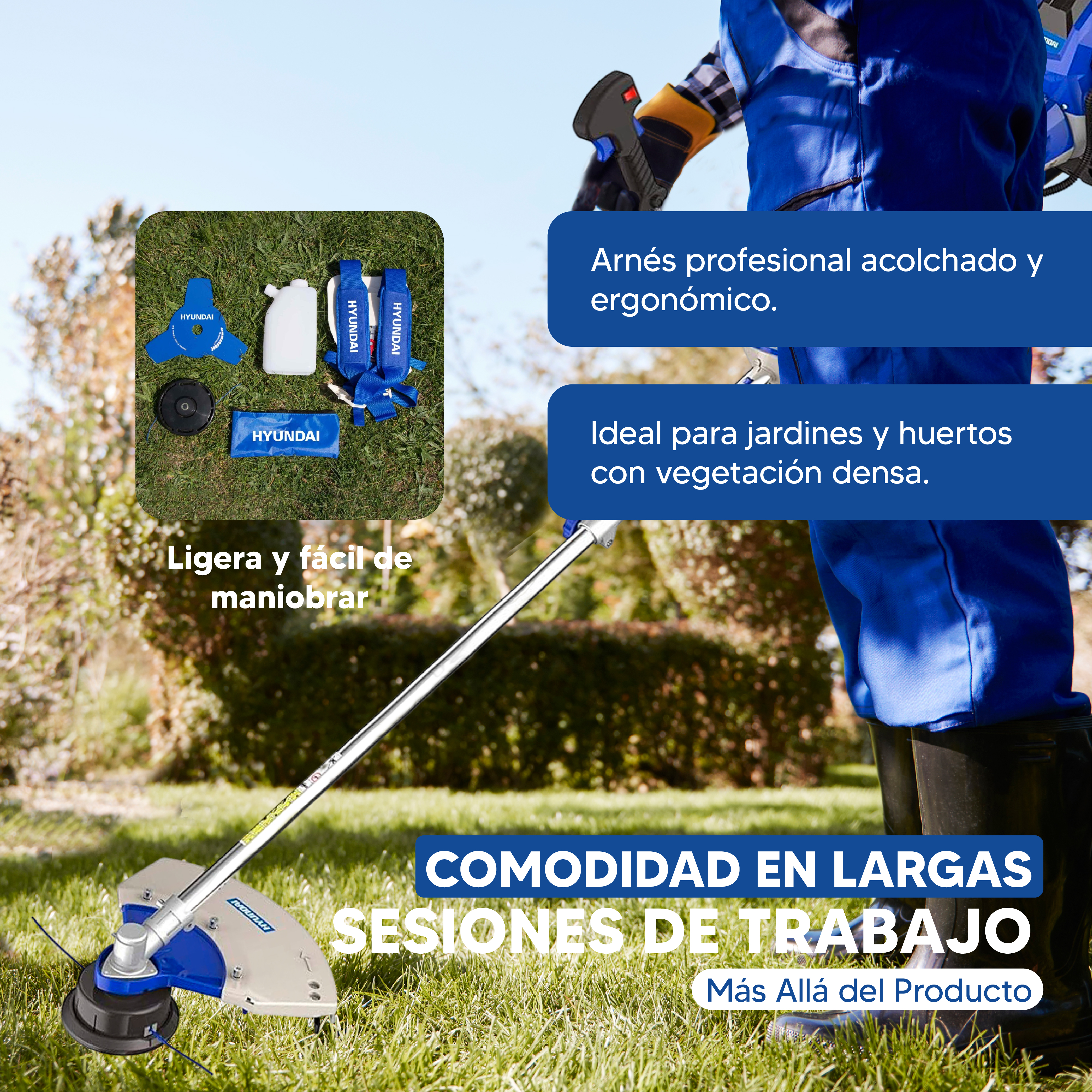 Una persona con overoles azules sostiene una herramienta de jardinería. El texto promueve la comodidad. En el fondo, hierba y cielo azul.