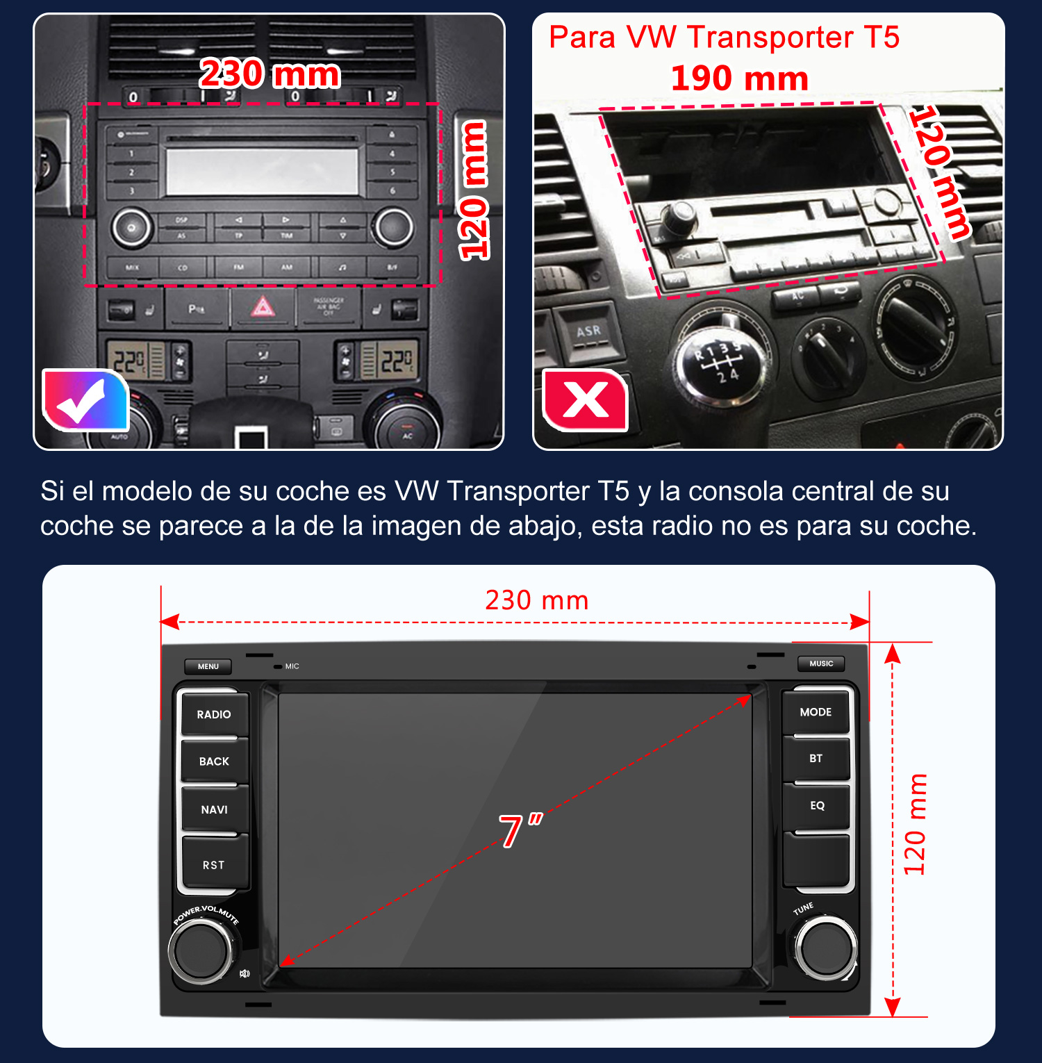 La imagen muestra componentes de radio de coche con dimensiones. Muestra el salpicadero de un coche con botones de radio y aire acondicionado.