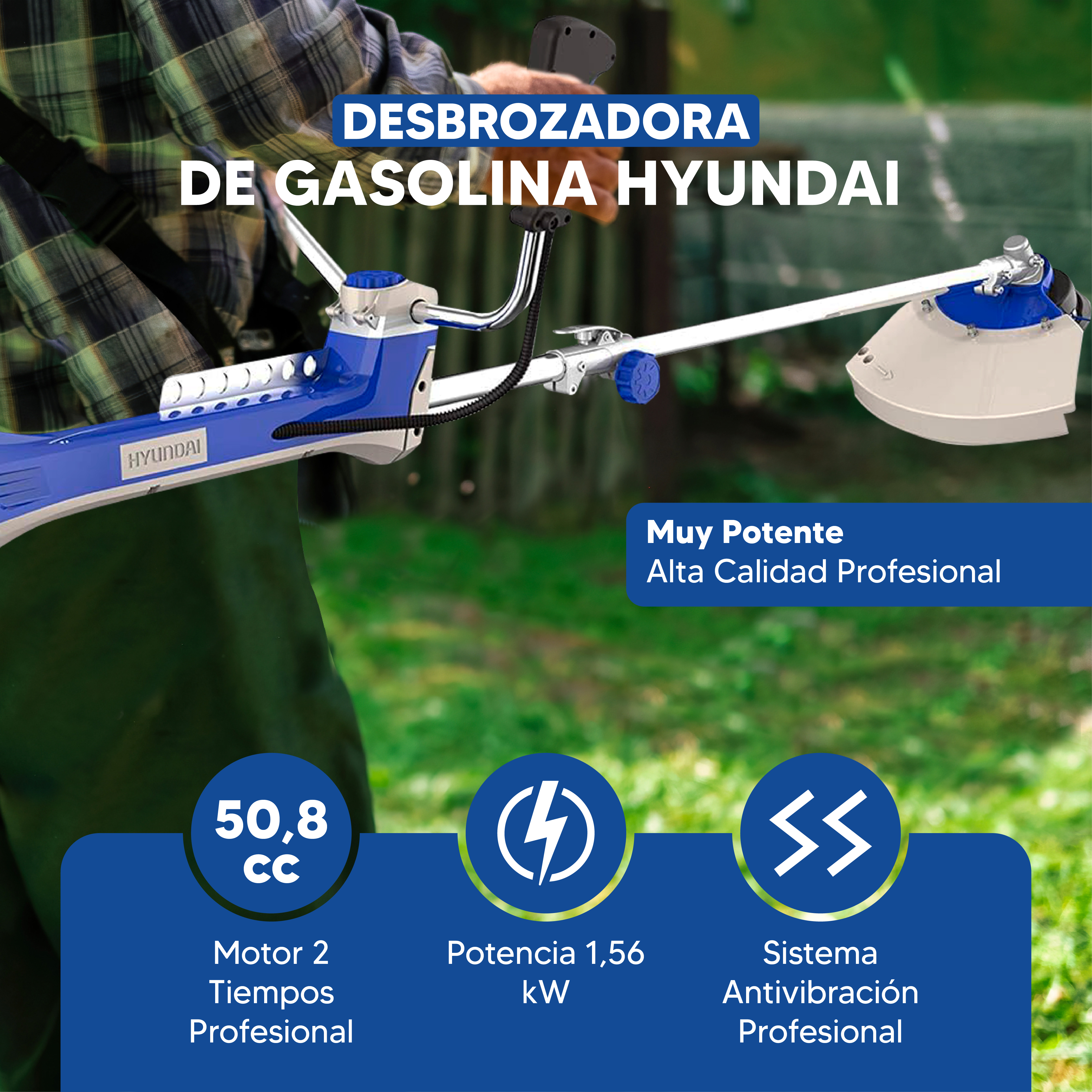 Desbrozadora Hyundai a gasolina. Azul y blanco, con etiquetas de texto que indican características y especificaciones.