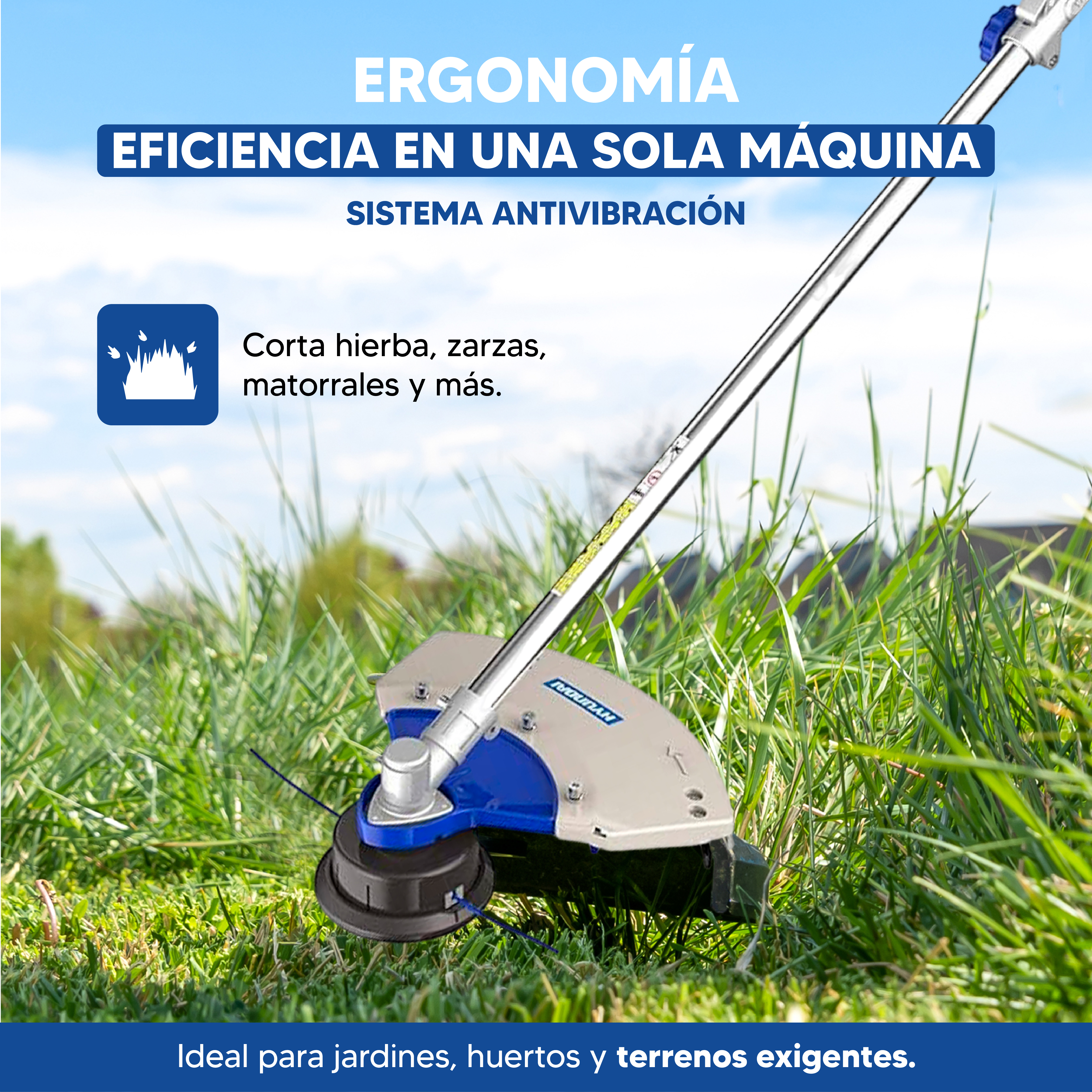Una desbrozadora sobre hierba. Tiene partes azules y plateadas. Texto: Ergonomía, Eficiencia, Sistema antivibración.