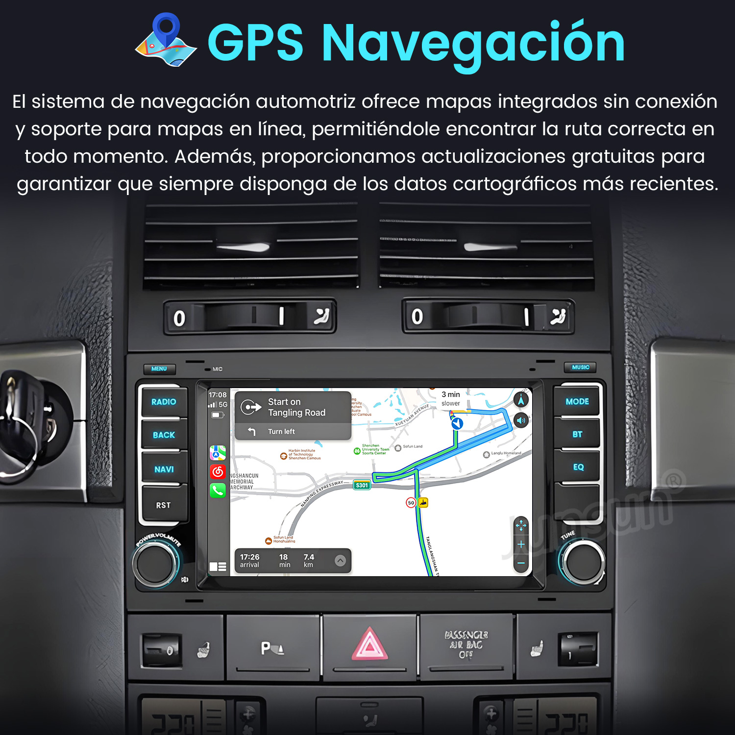 Panel del coche con navegación GPS, detalles del mapa y botones de control.