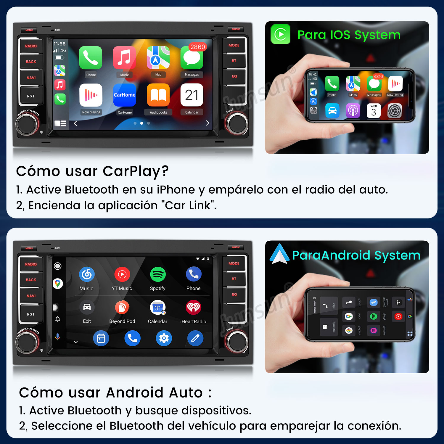 Pantalla de radio del coche con iconos de aplicaciones. Instrucciones sobre CarPlay y Android Auto.