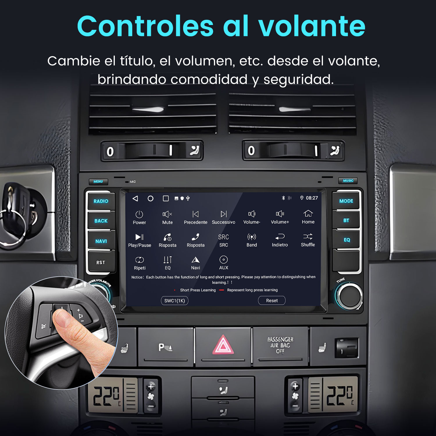 Panel del coche con pantalla y controles del volante. Mano pulsando un botón. Texto en español. Pantalla de temperatura.