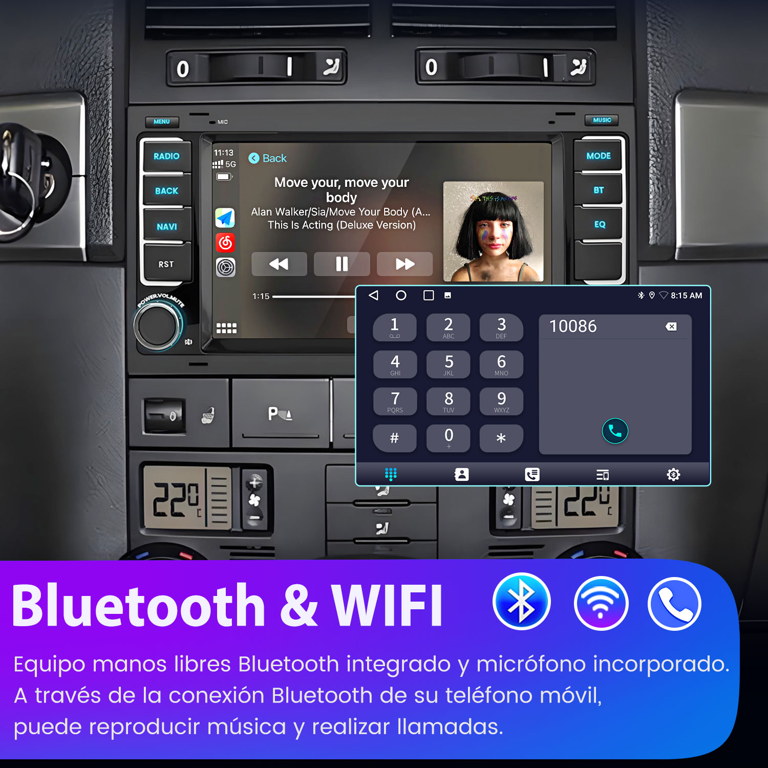 Radio de coche que muestra un marcador telefónico y un reproductor de música. Tiene una pantalla con foto de una chica e iconos Bluetooth y WiFi.