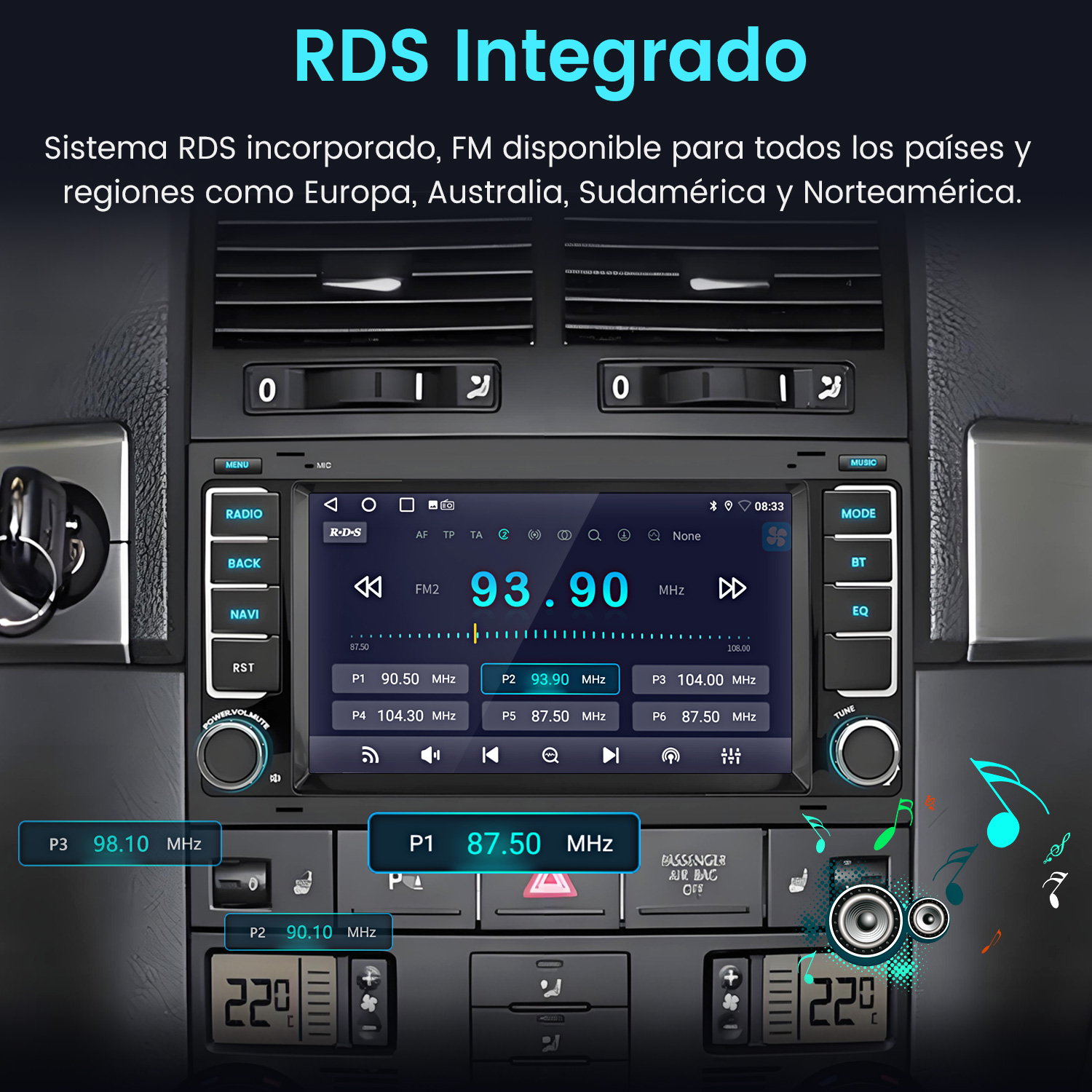 Pantalla de radio de coche mostrando información de radio FM. Botones y controles visibles. Fondo es un tablero de coche.