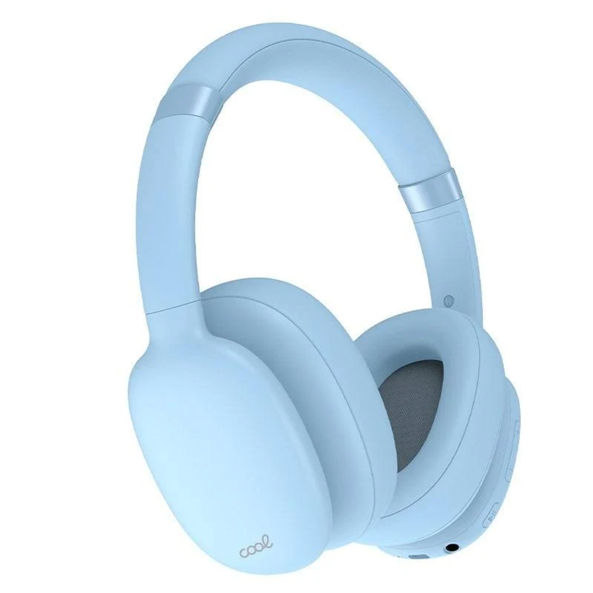 Cuffie azzurre. La parola 'cool' è scritta su un lato. I padiglioni auricolari e l'archetto sono visibili su sfondo bianco.