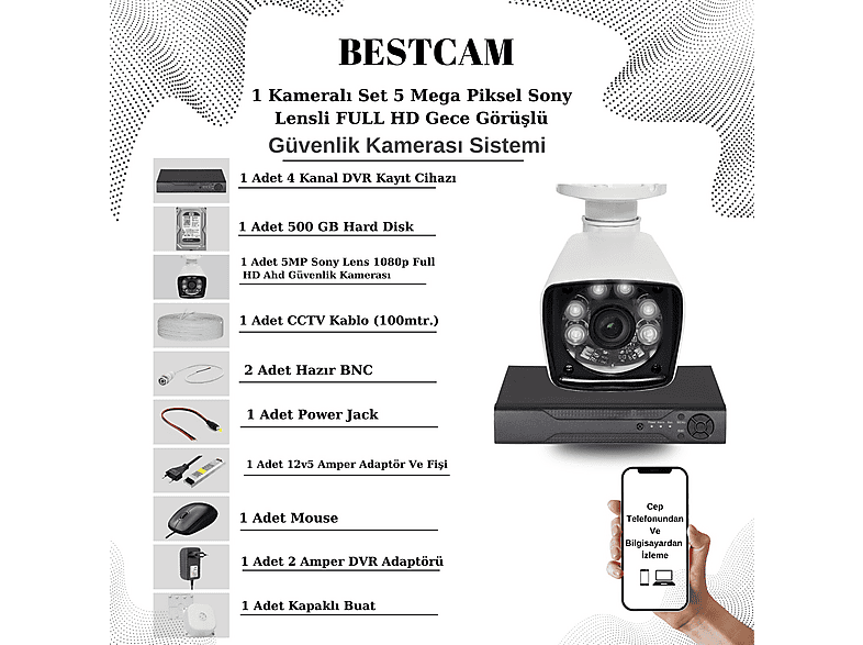 BESTCAM AHD Eco 5.0 Megapiksel Sony Lensli 1 Kameralı Full Paket HDD Dahil DESTEKLER Güvenlik Seti Sistemi Beyaz