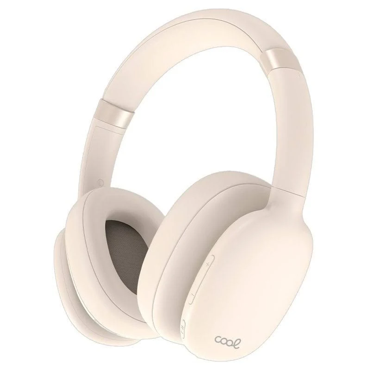Auriculares color crema sobre fondo blanco. Tienen una diadema curva y auriculares grandes. La palabra 'cool' está impresa en un auricular.
