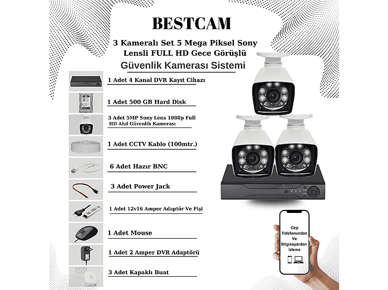 BESTCAM AHD Eco 5.0 Mega Piksel Sony Lensli 3  Kameralı Full Paket HDD Dahil Güvenlik Seti Sistemi Beyaz