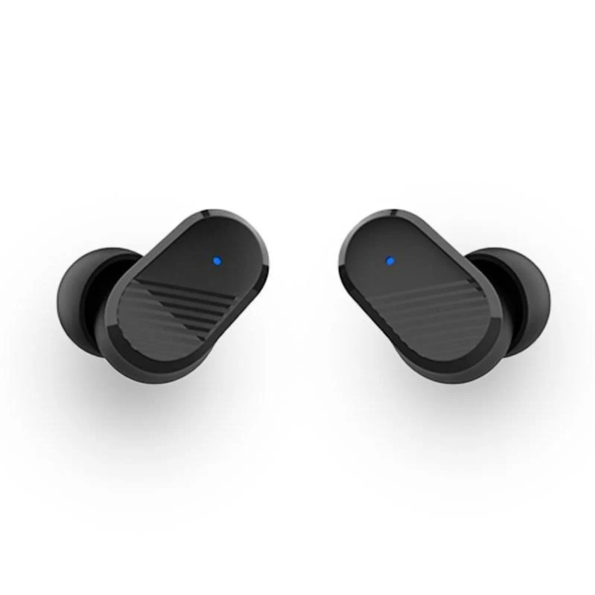 Dos auriculares inalámbricos negros con luces indicadoras azules están colocados sobre una superficie blanca. Cada uno tiene forma redondeada y diseño acanalado.