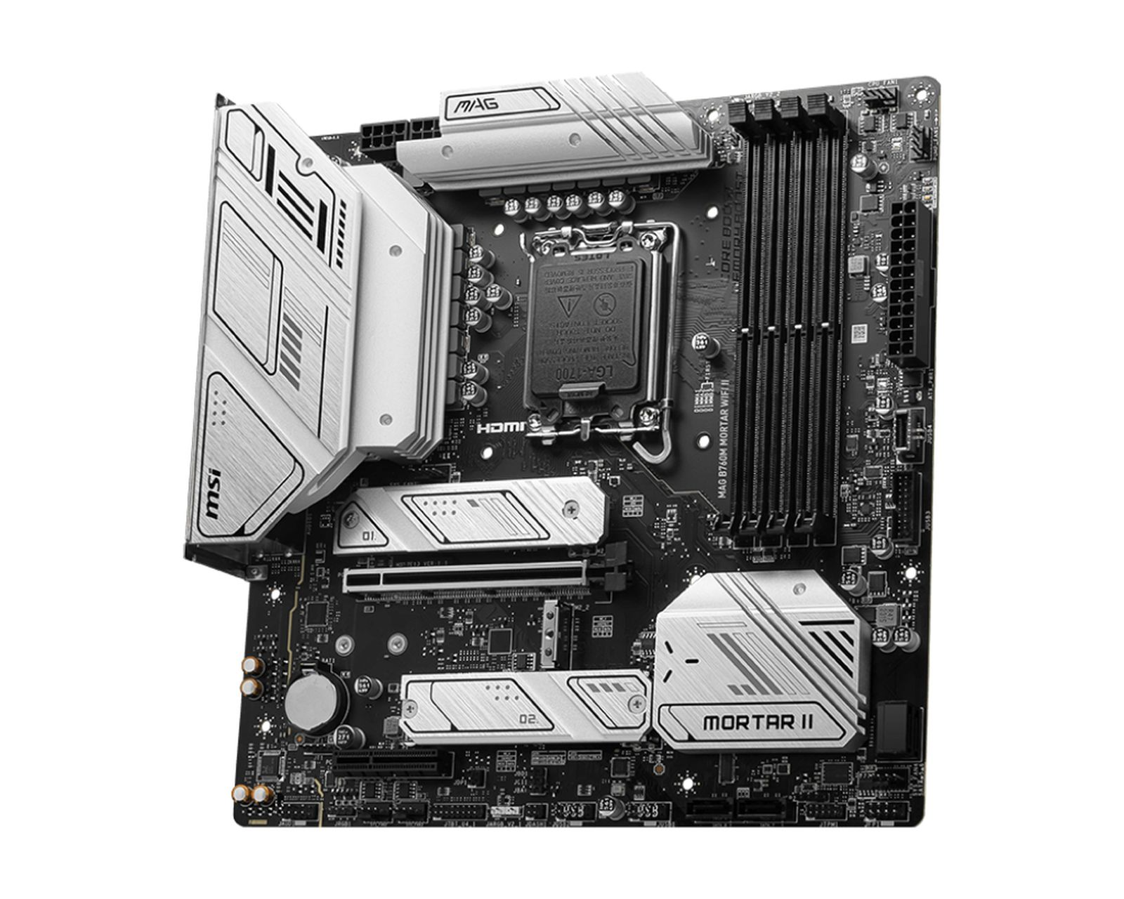 Una placa base de computadora con componentes negros y plateados. Cuenta con la marca MSI, varias ranuras y el texto 'MORTAR II'.
