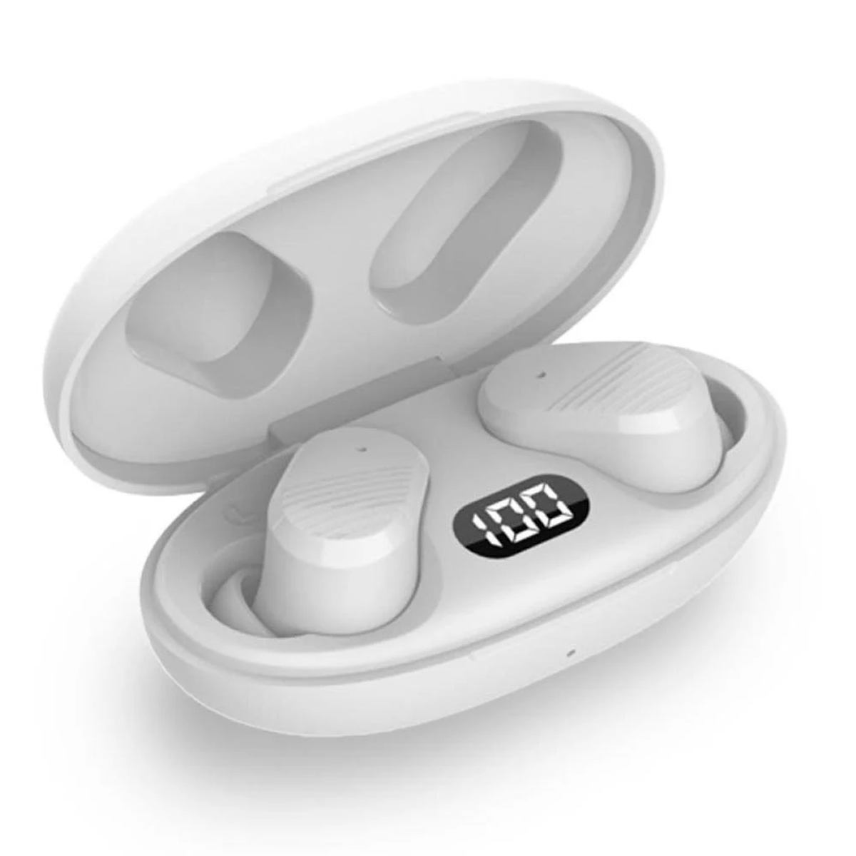 Estuche de carga blanco abierto con dos auriculares dentro. Una pantalla digital muestra 100. El estuche está sobre un fondo blanco.