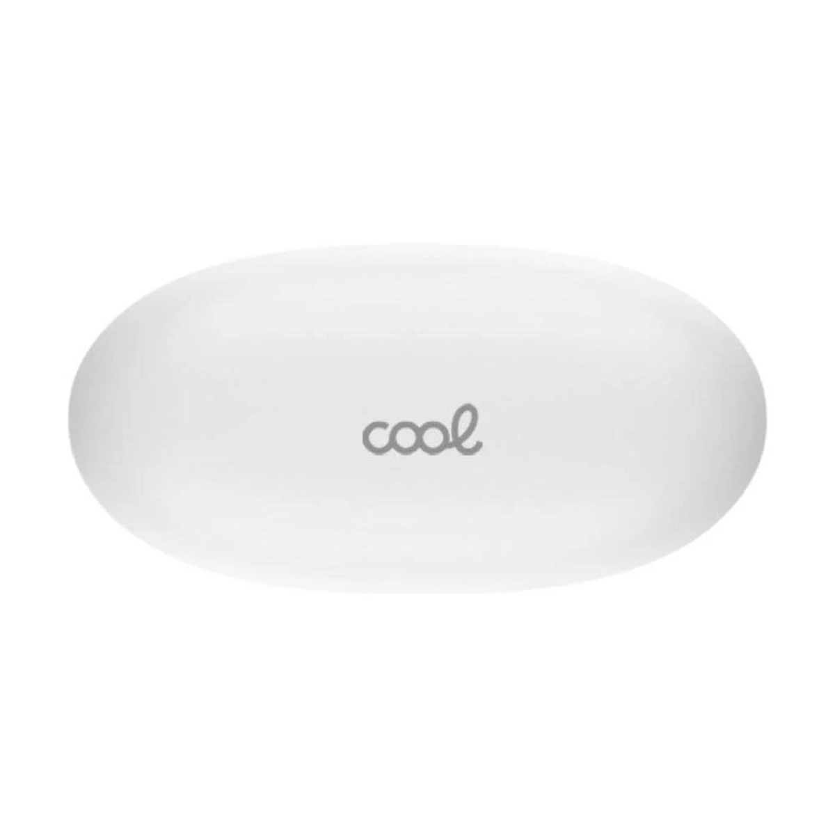 Un objeto blanco en forma ovalada con la palabra "cool" escrita en cursiva. El fondo es blanco liso.